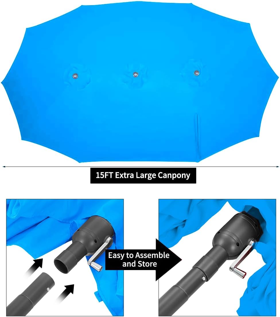 15ft Patio Umbrella with Solar Lights, Large Double Umbrella Outdoor, Rectangle 180''x106'' Umbrellas with 156 PCS LED Lights and Crank Handle for Backyard Deck Pool Shade in Black(1.9