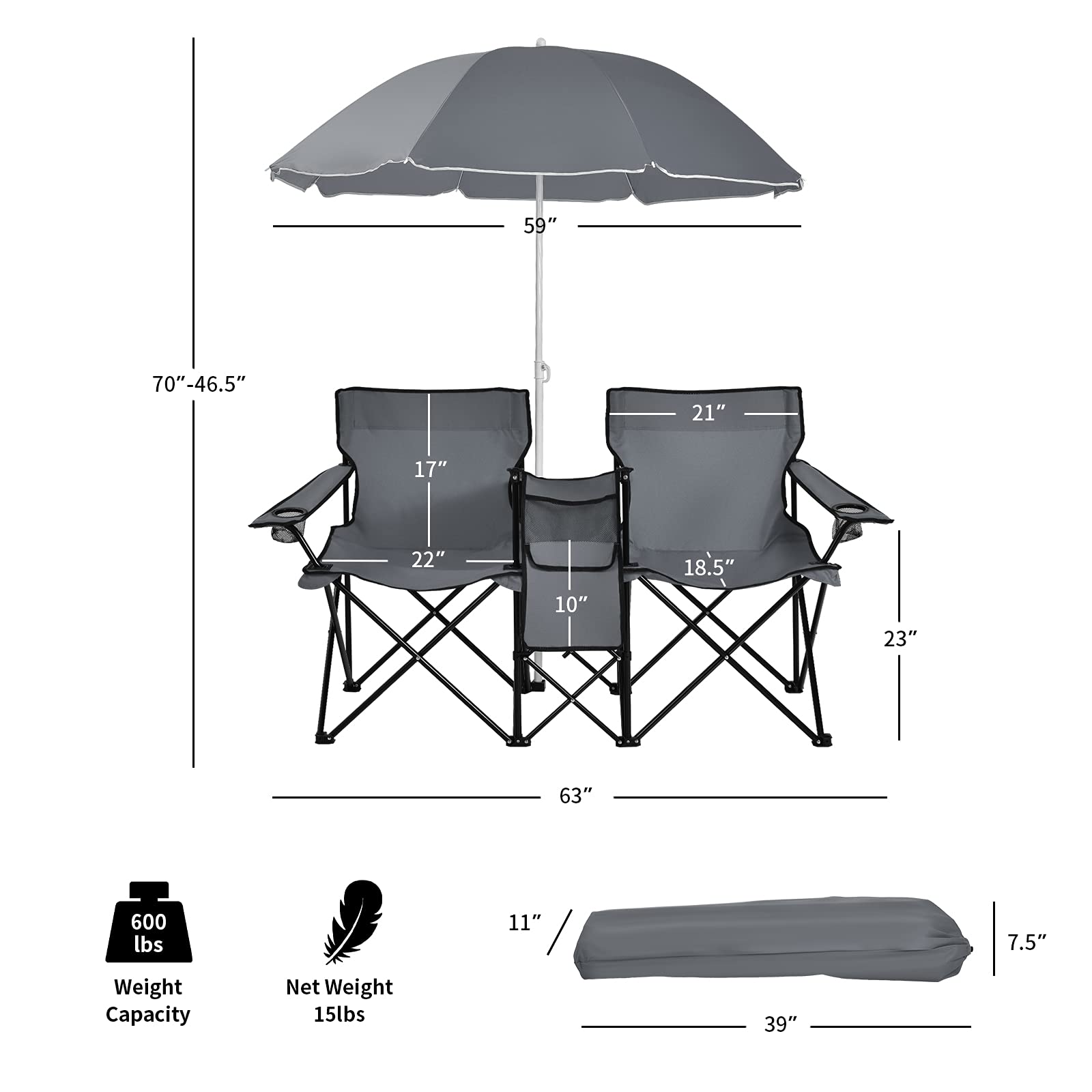 2025 Double Folding Picnic Chairs Umbrella Mini Table Beverage Holder Carrying Bag
