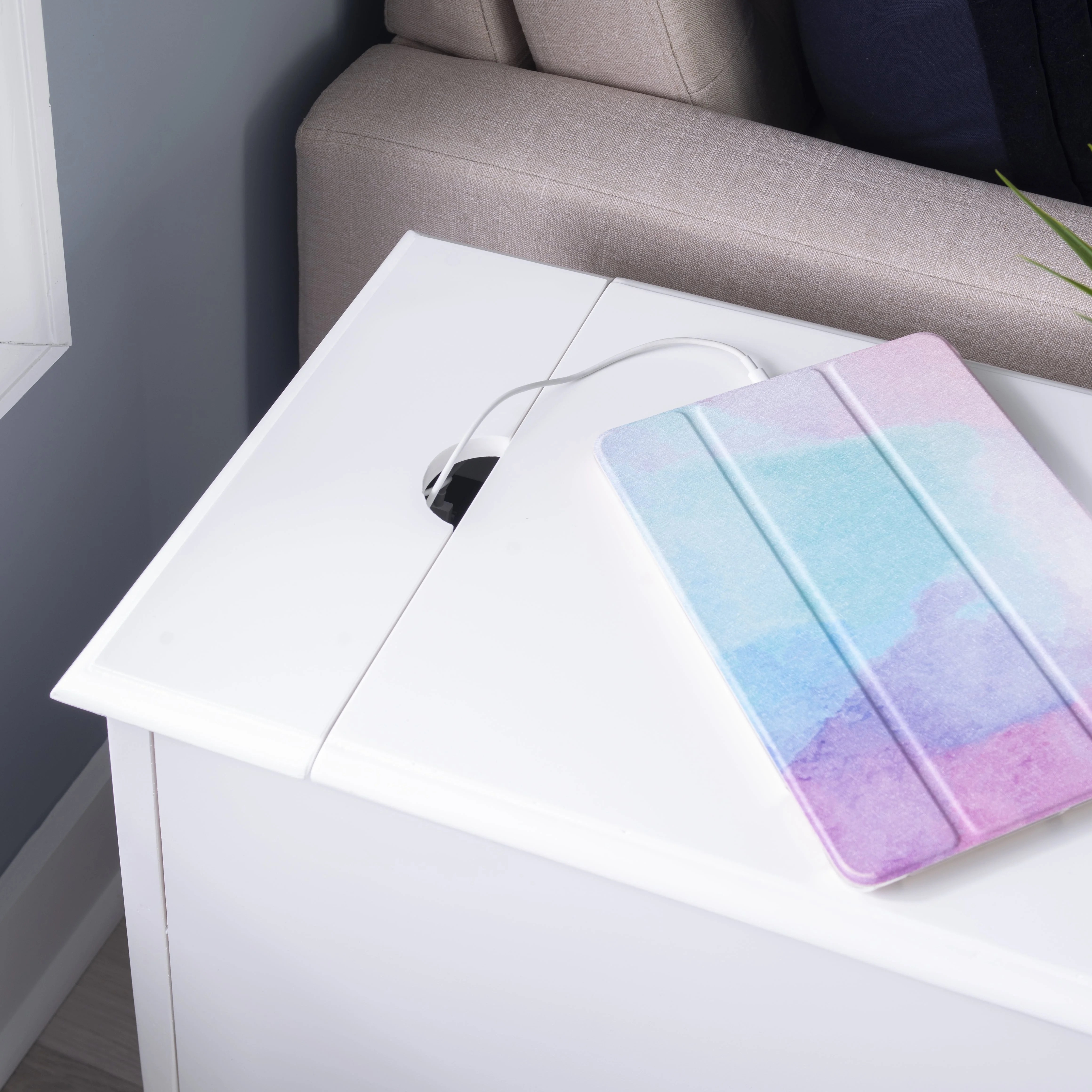 Linon Bartow Wood Multi Function Storage Accent Table Charging Station in White