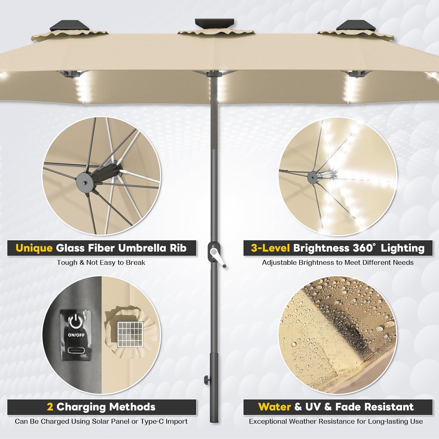 15ft Patio Umbrella with Solar Lights, Large Double Umbrella Outdoor, Rectangle 180''x106'' Umbrellas with 156 PCS LED Lights and Crank Handle for Backyard Deck Pool Shade in Black(1.9