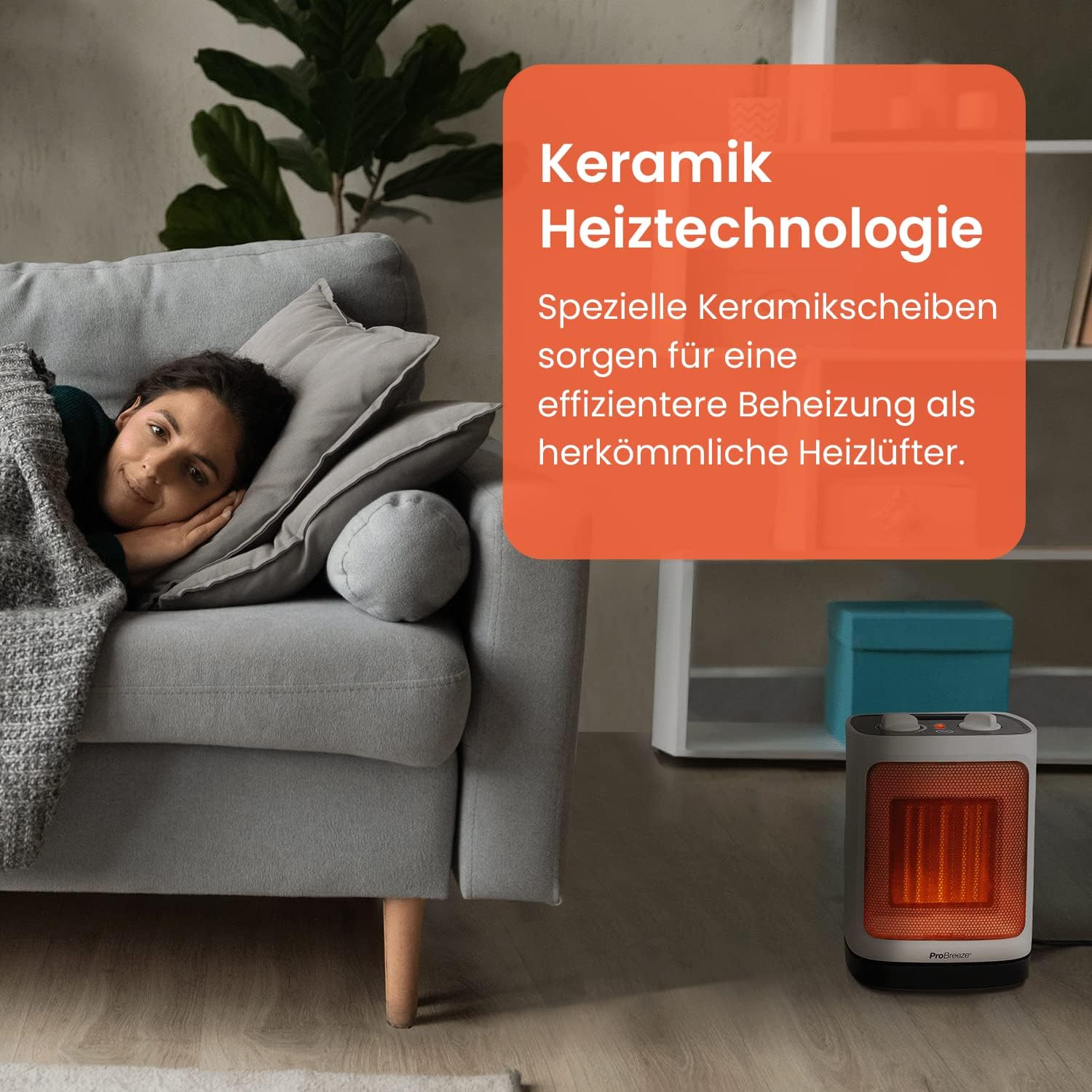 Pro Breeze 2000W Mini Keramik Heizlüfter energiesparend mit automatischer Oszillation, Zwei Leistungsstufen, Kleine Elektroheizung leise für Wohnzimmer, Büro, Terasse - Wei