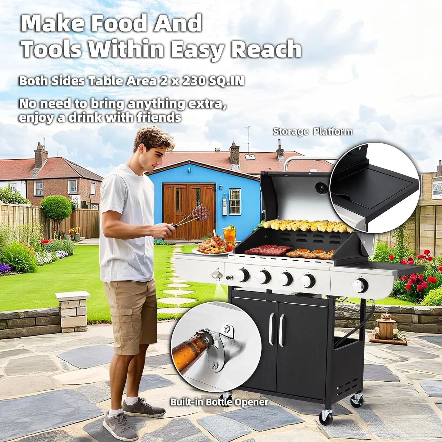 Upgraded 4 Burner BBQ Propane Gas Grill with Cast Iron Grates & Side Stove, 44,000 BTU Stainless Steel Burner Barbecue Grill for Patio, Camping, Outdoor Cooking.