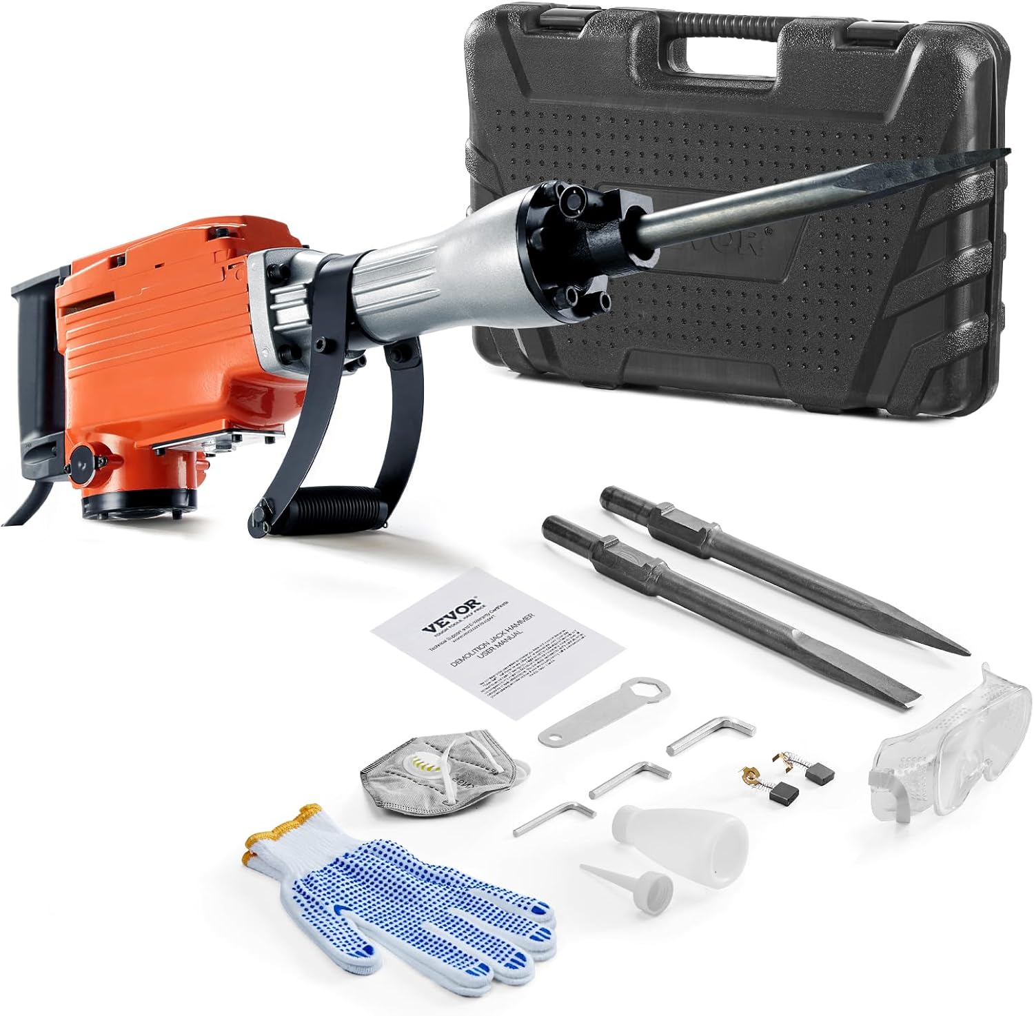 Demolition Jack Hammer, 1350 BPM Concrete Breaker 6pcs Chisels Bit Chipping with Case, 2200W Electric Jackhammer Heavy Duty, Black