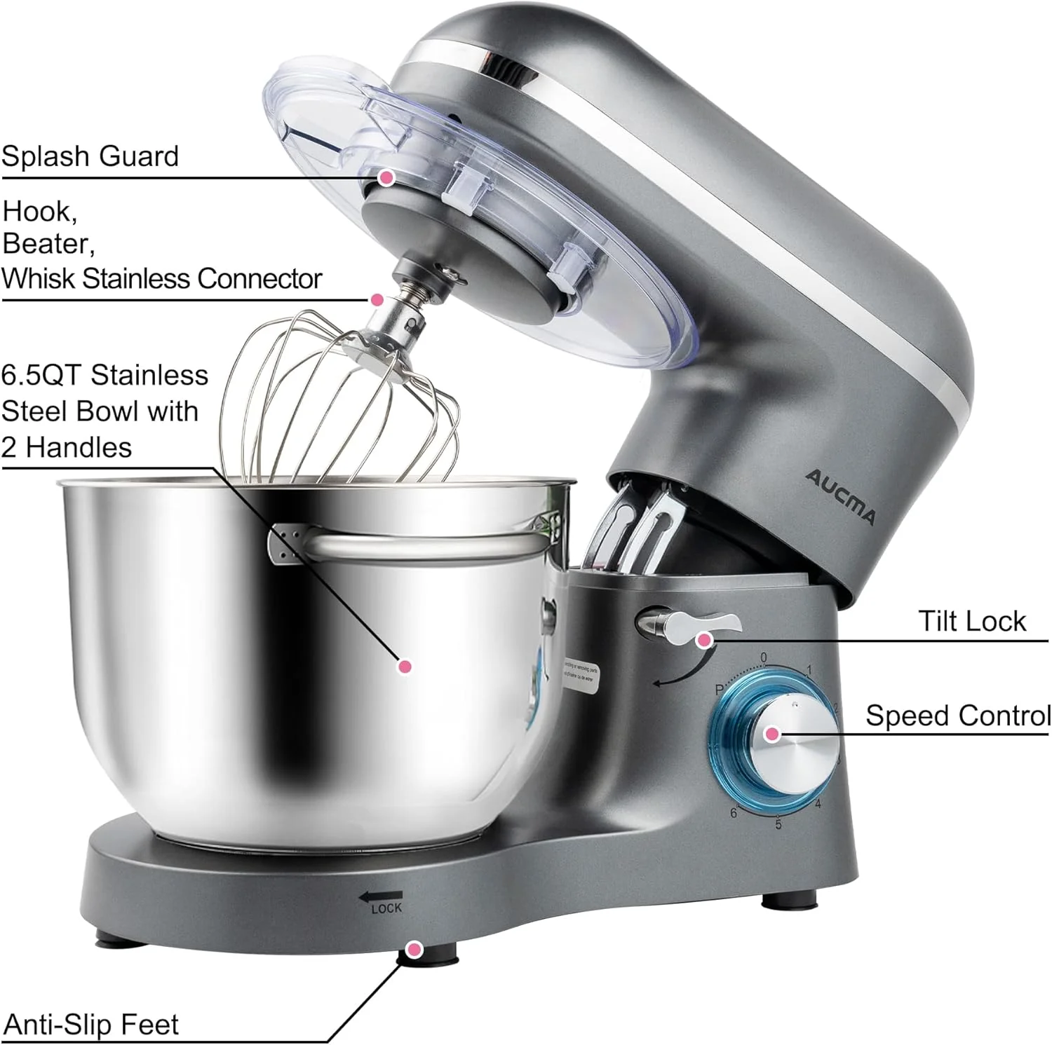 Aucma Stand Mixer,6.5-QT 660W 6-Speed Tilt-Head Food Mixer, Kitchen Electric Mixer with Dough Hook