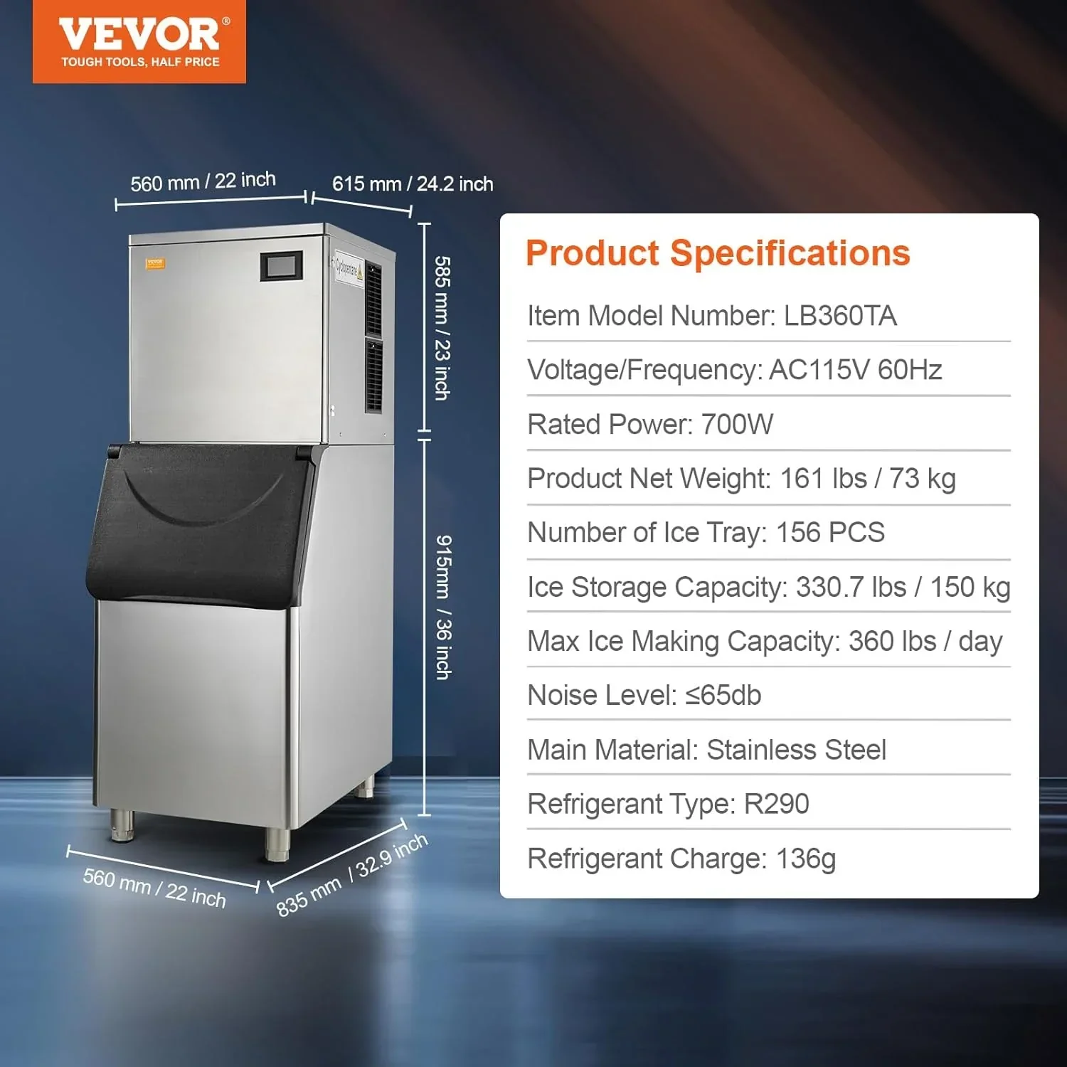 2025 2025 VEVOR Commercial Ice Maker, 360LBS/24H Ice Making Machine with 330.7LBS Large Storage Bin