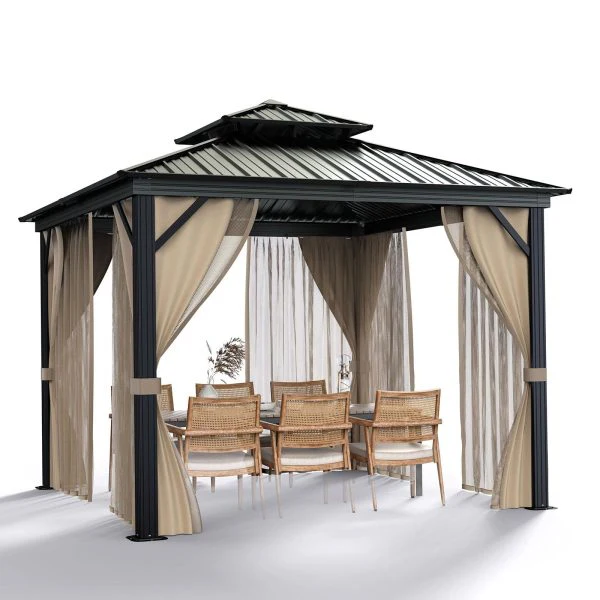 10’x10′ Hardtop Gazebo with double metal roof, aluminum frame, net, and curtain. All-weather, ideal for patio, deck, garden, backyard. Khaki.