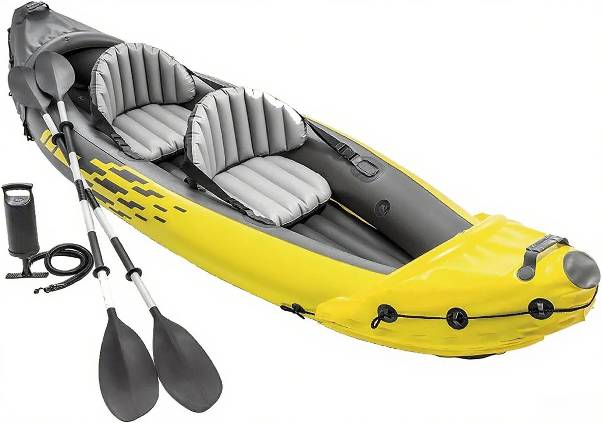 Explorer K2 Inflatable Kayak Set: Includes Deluxe 86in Aluminum Oars and High-Output Pump �� SuperStrong PVC �� Adjustable Seats with Backrest �� 2-Person �� 400lb Weight Capacity