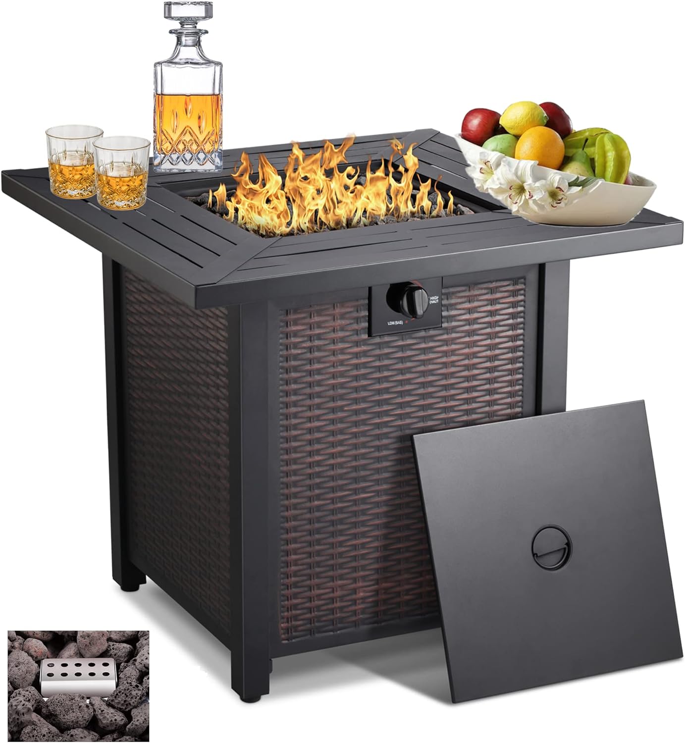 28-inch, 50,000-watt automatic ignition gas fire pit table, CSA-certified, imitation wicker wood material, equipped with a 6.6-pound stone shelf, suitable for gardens/terraces/balconies/backyards.