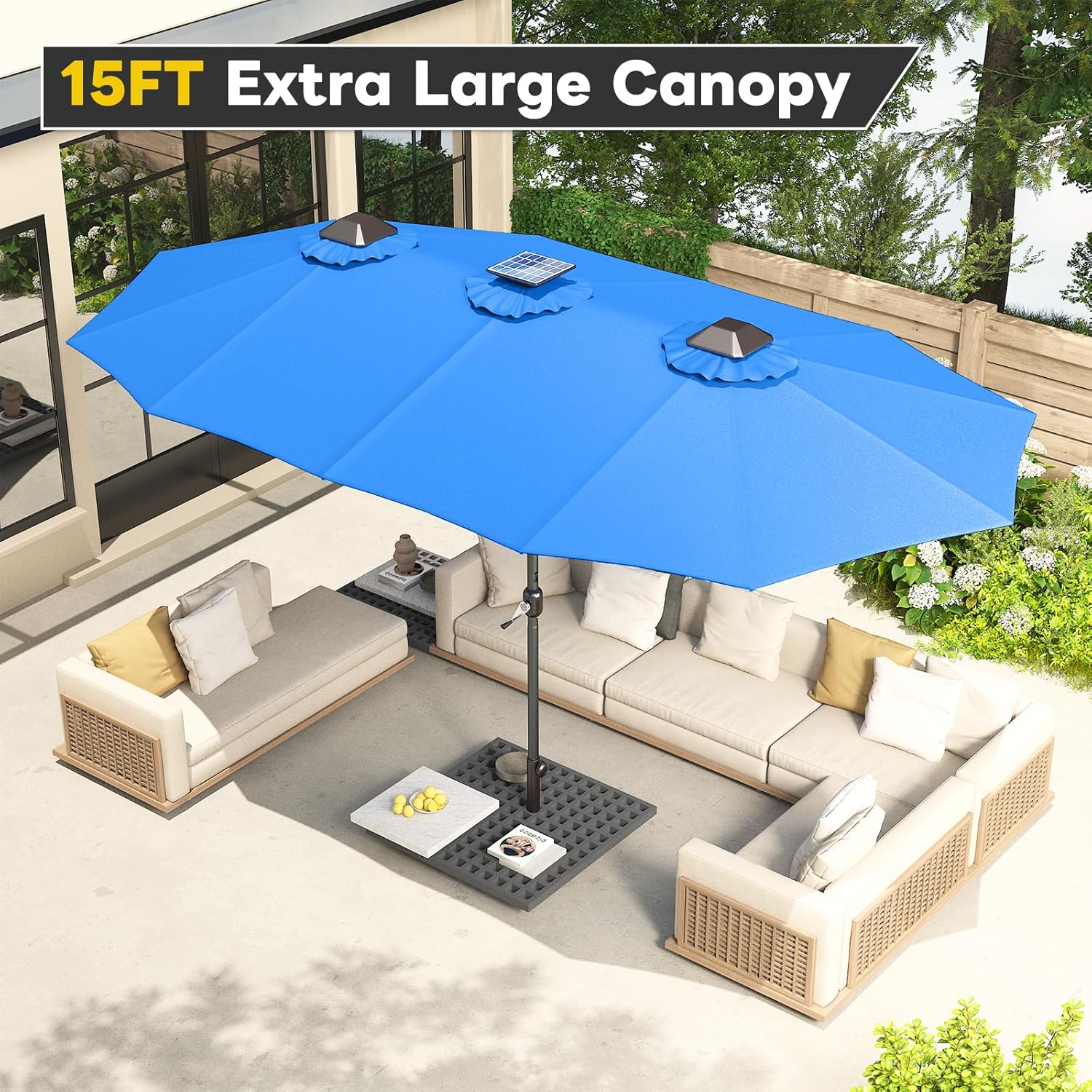 15ft Patio Umbrella with Solar Lights, Large Double Umbrella Outdoor, Rectangle 180''x106'' Umbrellas with 156 PCS LED Lights and Crank Handle for Backyard Deck Pool Shade in Black(1.9