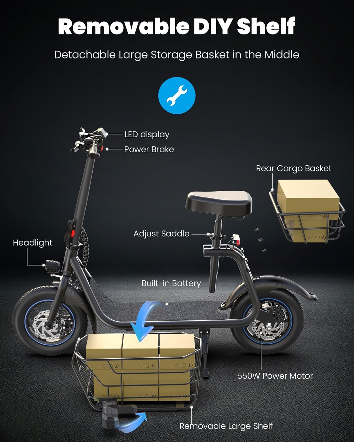 Adults Electric Scooter with Large Middle Basket