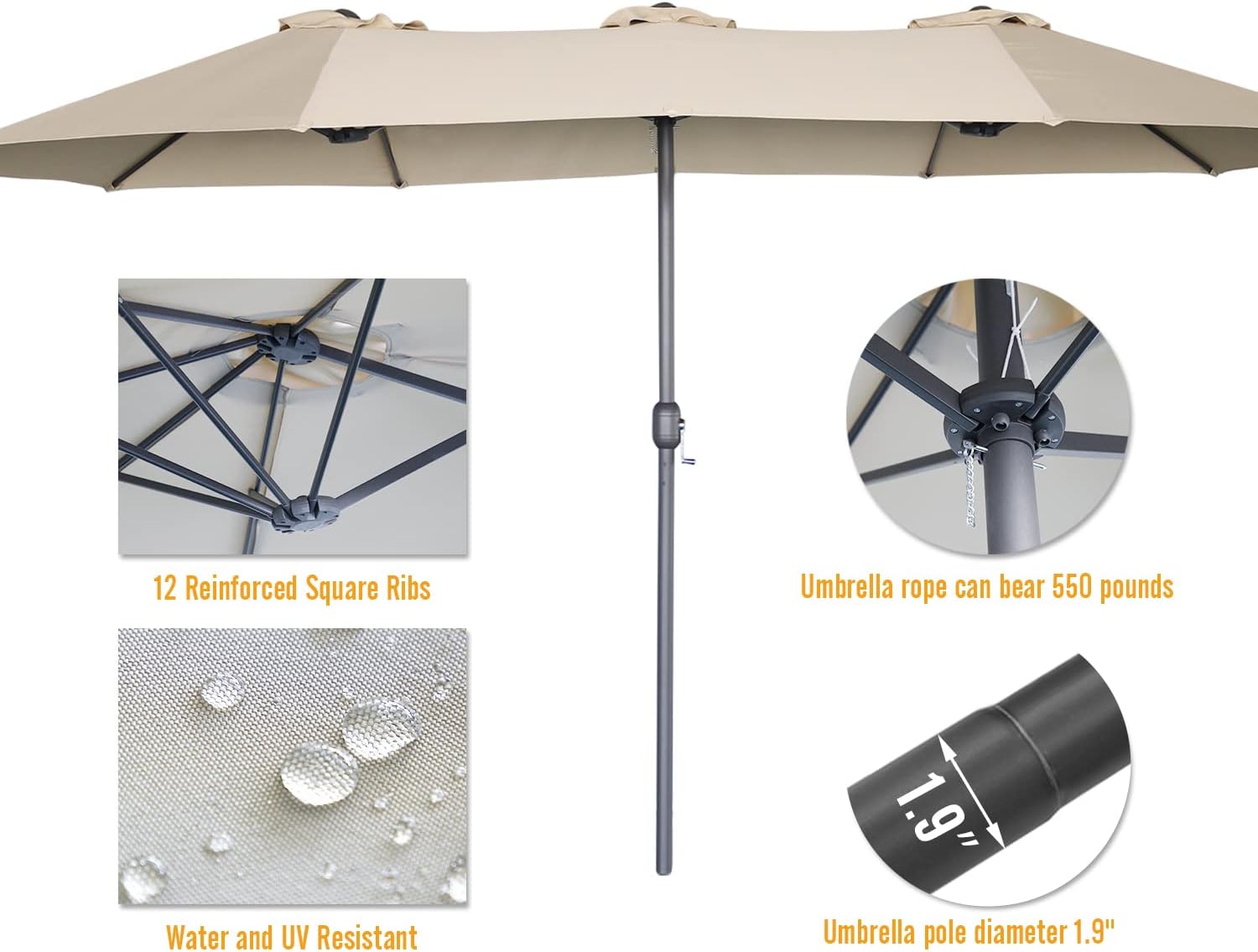 15ft Patio Umbrella with Solar Lights, Large Double Umbrella Outdoor, Rectangle 180''x106'' Umbrellas with 156 PCS LED Lights and Crank Handle for Backyard Deck Pool Shade in Black(1.9