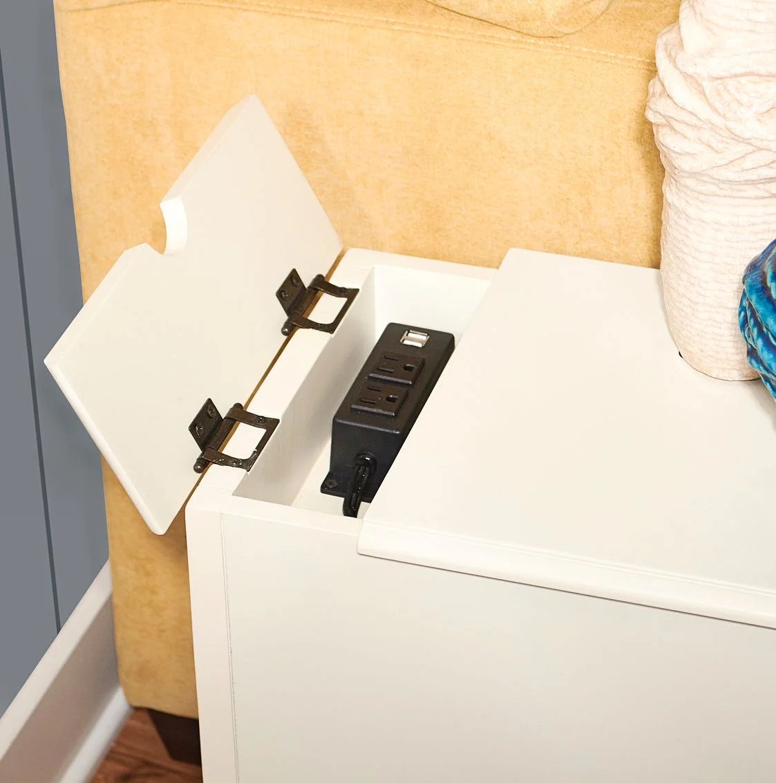 Linon Bartow Wood Multi Function Storage Accent Table Charging Station in White