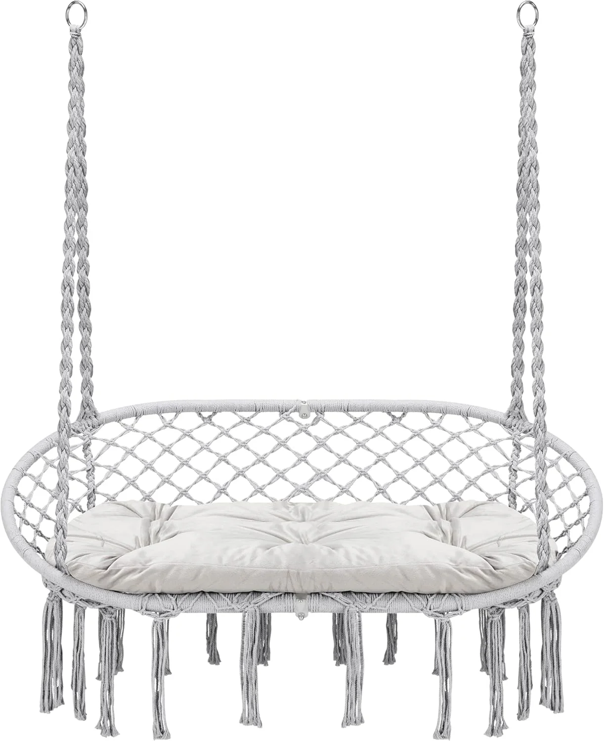 Hammock Chair Macrame Hanging Swing with Cushion,Hanging Cotton Ropes, Metal Frame, 450 lbs Capacity Indoor Outdoor, Patio, Balcony, Living,Deck, Yard, Garden(Double Swing) Beige