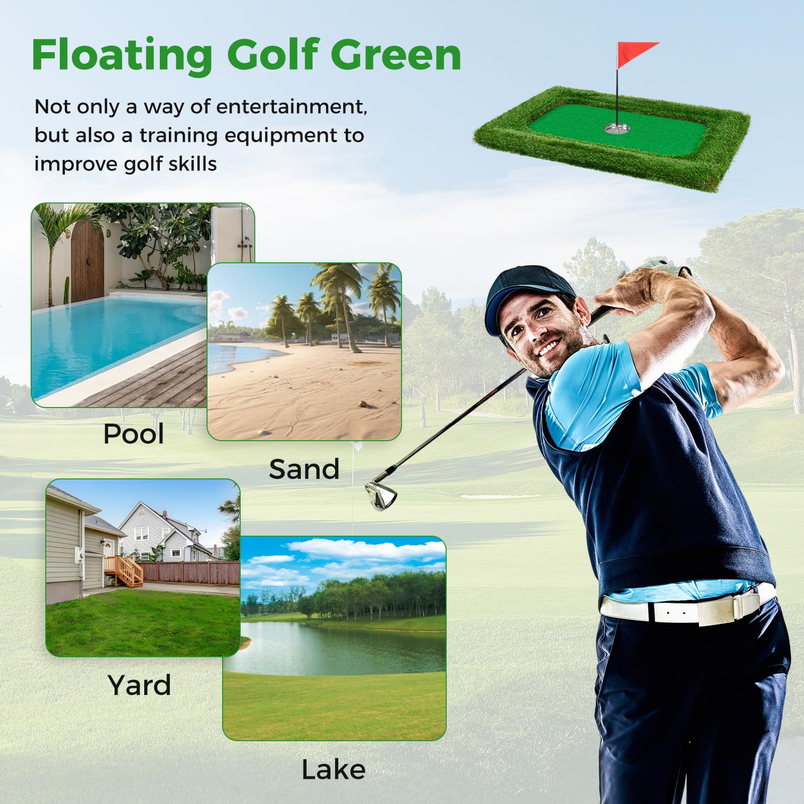 Floating Golf Green for Pool, Chipping Green Mat w/Hitting Mat, Golf Balls, Rectangle, 37.5