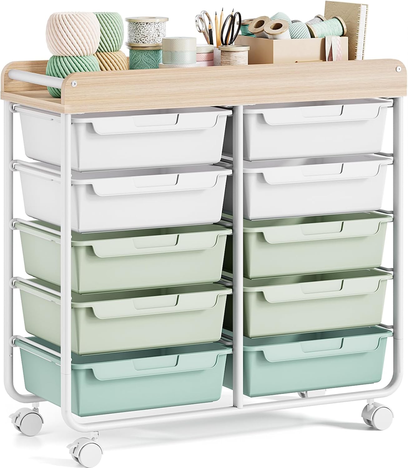 Rolling Storage Cart with 10 Large Drawers, Utility Cart with Wooden TableTop for Craft Organizers, Art Supply Storage, Home Office Organization, Cart with Wheels for Classroom, School, Green
