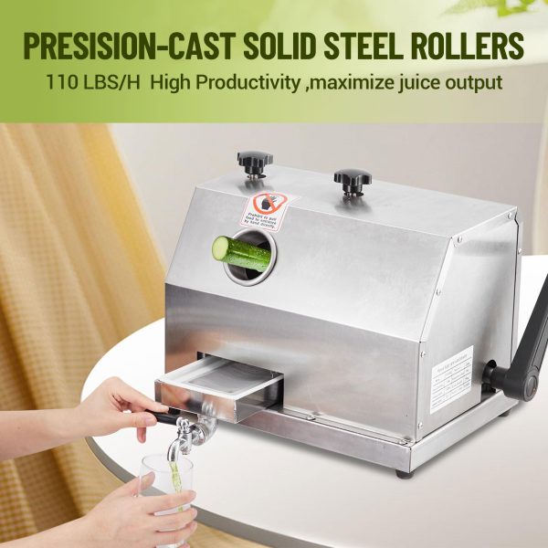 Manual Sugar Cane Juicer Machine, Sugar Cane Press with 3 Stainless Steel Drums and 2.4-inch Large Inlet, Sugarcane Juice Machine with 110LBS/H, Suitable for Home/Commercial Use