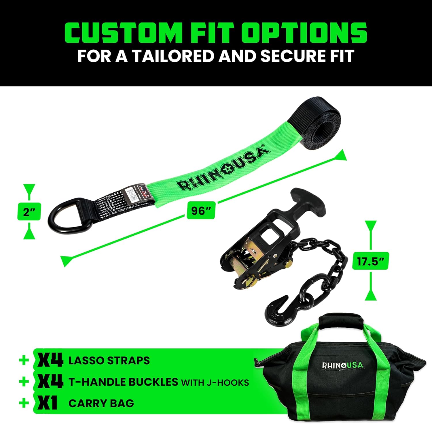 Car Tie Down Straps for Trailers with Flat Hooks (4-Pack) - 2 Inch x 8 Feet (10,000lb Break Strength) - Heavy Duty T-Handle Car Lasso Tire Straps for Trailer & UTV - Black