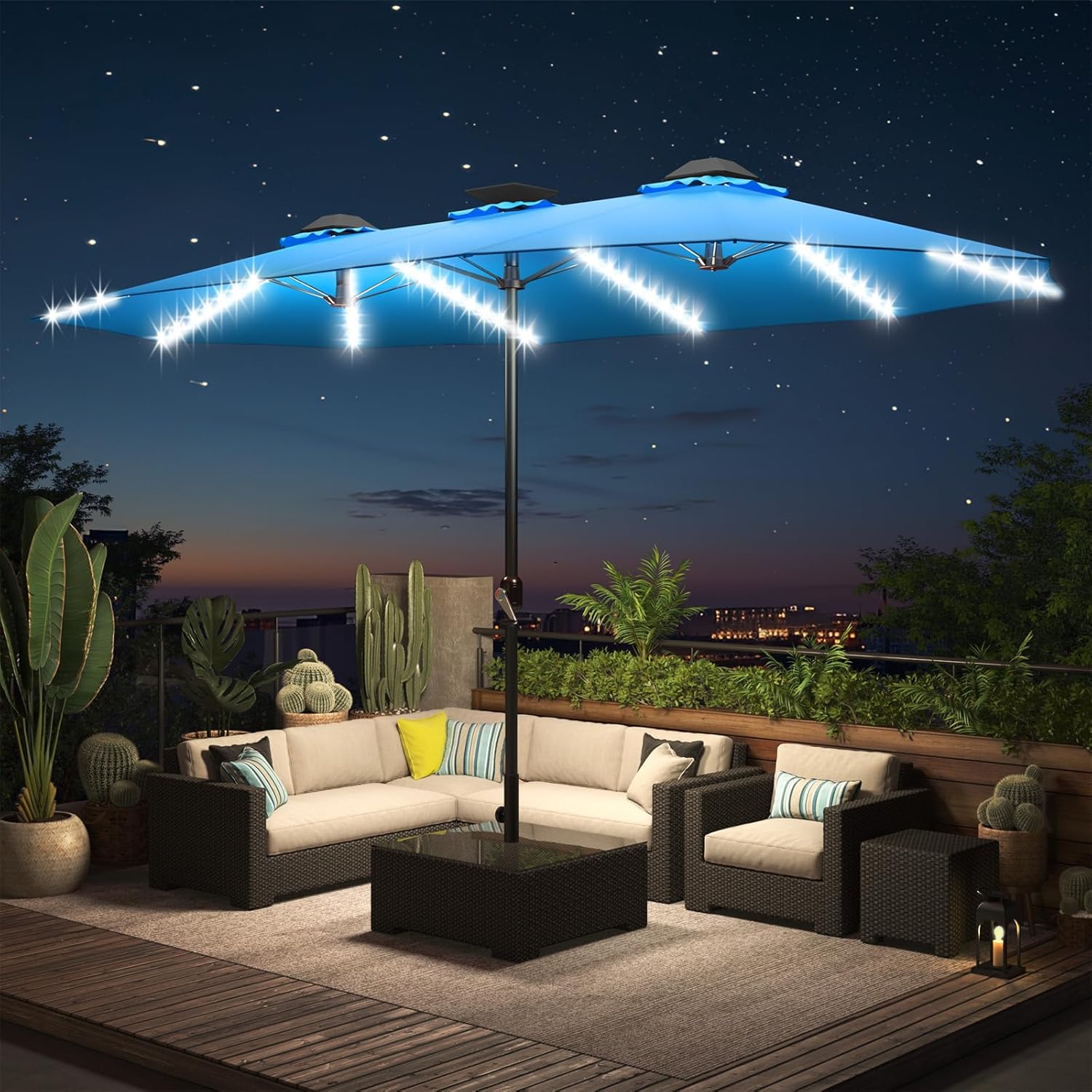 15ft Patio Umbrella with Solar Lights, Large Double Umbrella Outdoor, Rectangle 180''x106'' Umbrellas with 156 PCS LED Lights and Crank Handle for Backyard Deck Pool Shade in Black(1.9