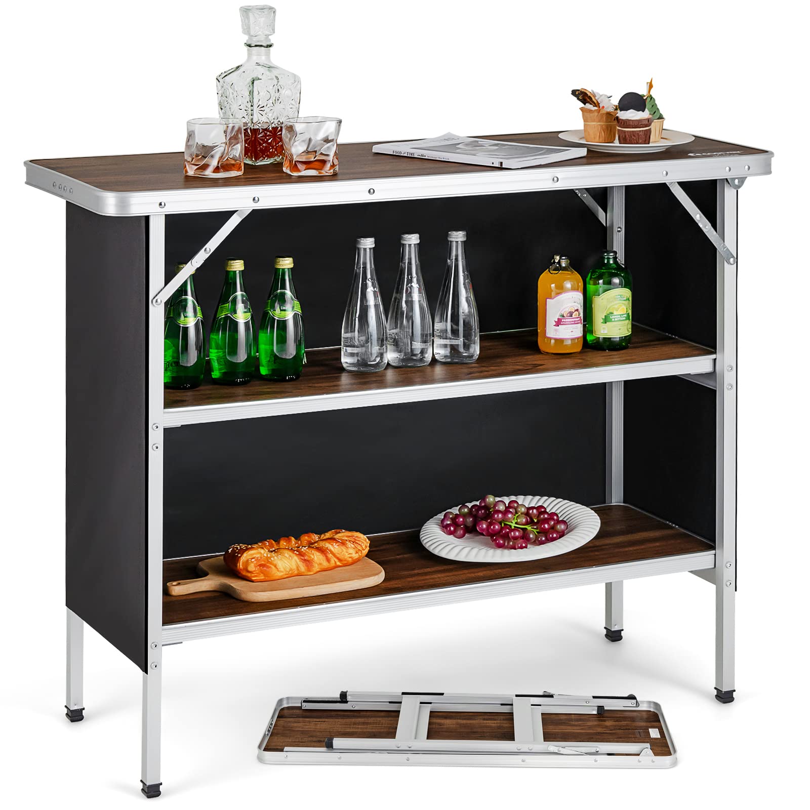 2025 Goplus Folding Camping Table, Aluminum Portable Pop-Up Bar Table with 2-Tier Storage Shelves