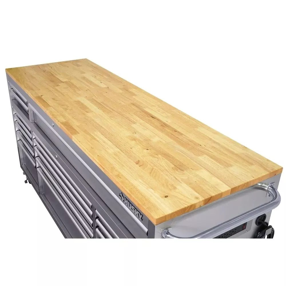 2025 72 in 18-Drawer 24 in. D Mobile Workbench with Solid Wood Top Stainless Steel