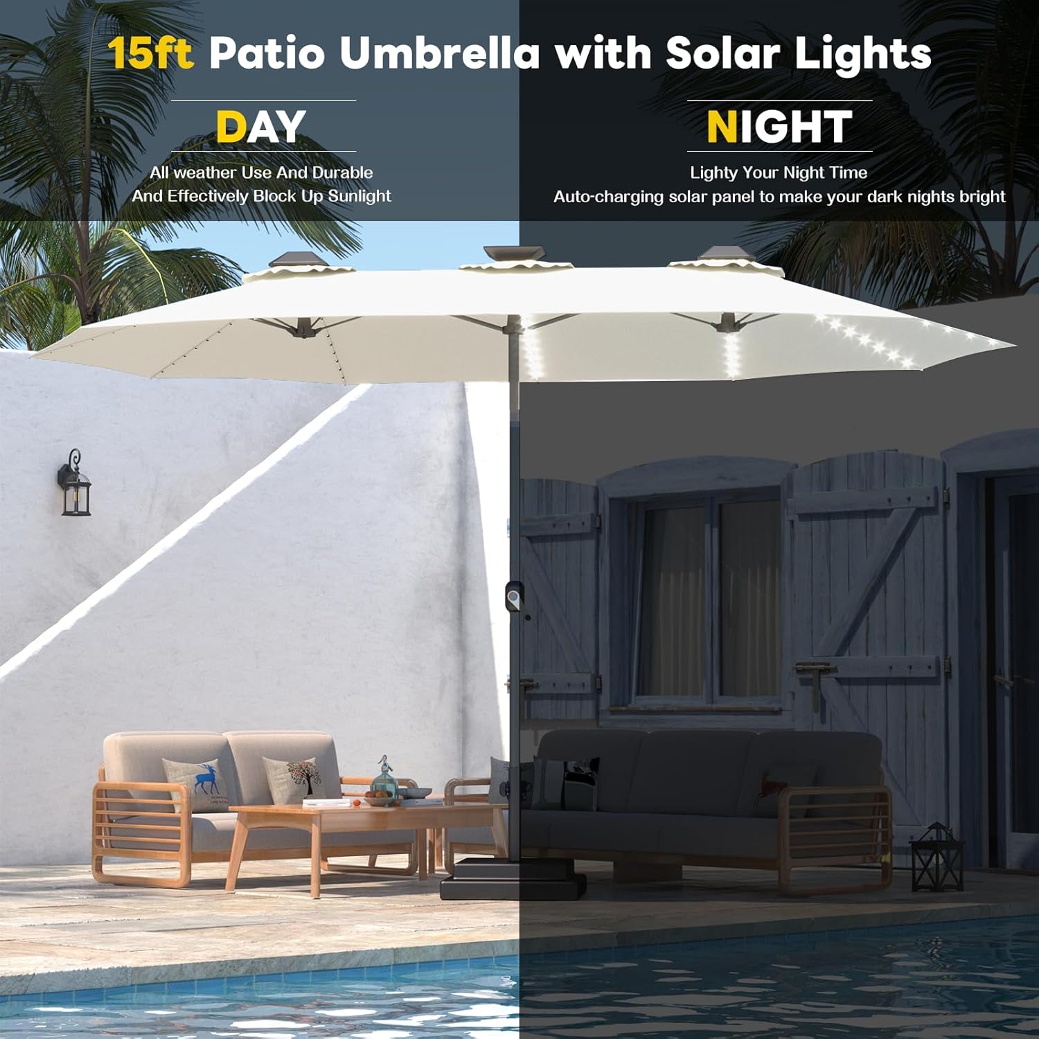 15ft Patio Umbrella with Solar Lights, Large Double Umbrella Outdoor, Rectangle 180''x106'' Umbrellas with 156 PCS LED Lights and Crank Handle for Backyard Deck Pool Shade in Black(1.9