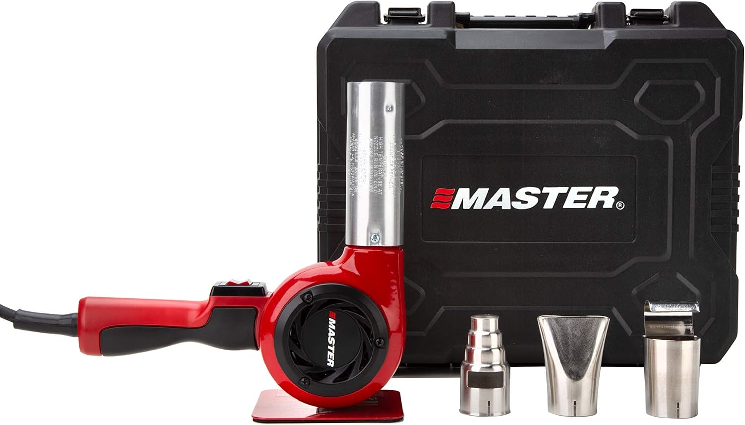 Industrial hot air gun kit, quick replacement of plug-in heating elements, adjustable temperature, voltage 120 volts, power 1740 watts, current 14.5 amps, assembled in the United States.