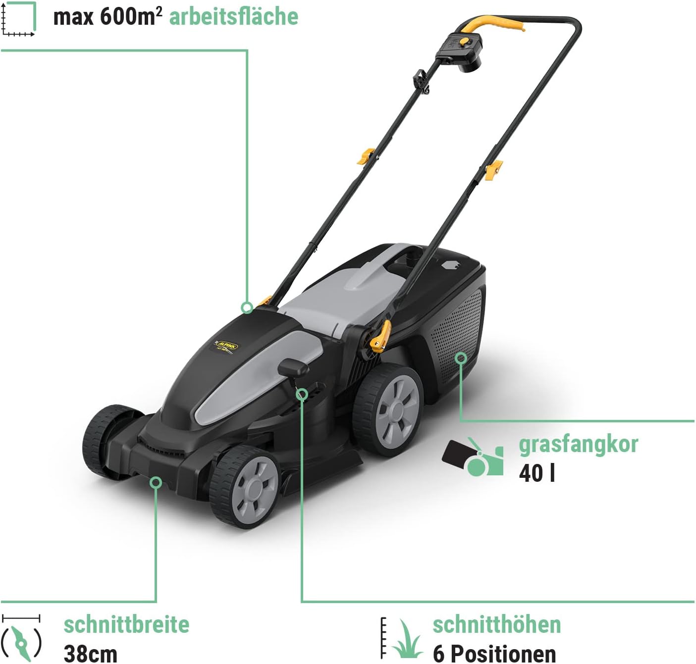 Alpina AL1 34 E Elektro-Rasenmher, Schnittbreite 34 cm, 1200 W, 35 L Kunststoff-Grasfangkorb