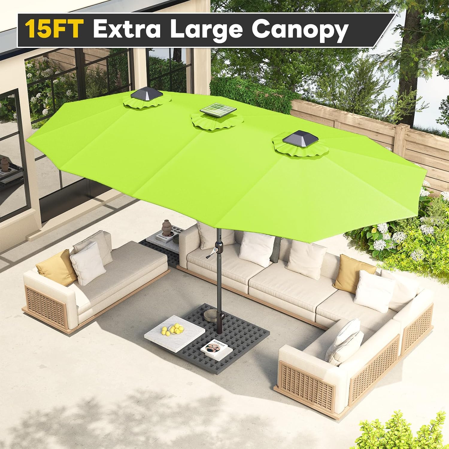 15ft Patio Umbrella with Solar Lights, Large Double Umbrella Outdoor, Rectangle 180''x106'' Umbrellas with 156 PCS LED Lights and Crank Handle for Backyard Deck Pool Shade in Black(1.9