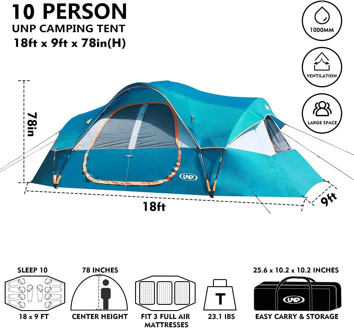 Camping Tent 10-Person-Family Tents, Parties, Music Festival Tent, Big, Easy Up, 5 Large Mesh Windows, Double Layer, 2 Room, Waterproof, Weather Resistant, 18ft x 9ft x78in
