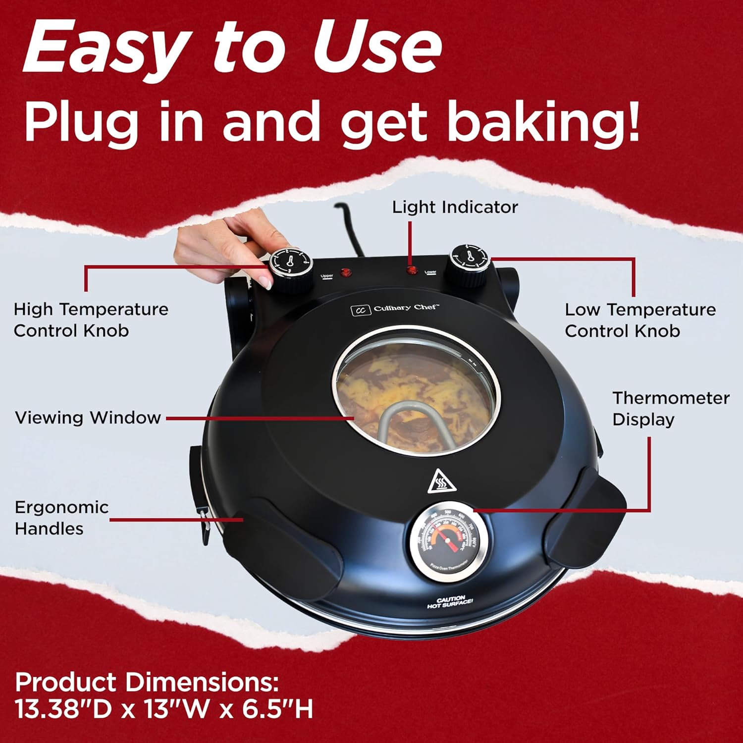 Electric Pizza Oven with Ceramic Stone, Viewing Window, Adjustable Heat Control, Timer and 1200W Baking Power, DIY Homemade Pizzeria, Large 12” Pie Capacity (Black)