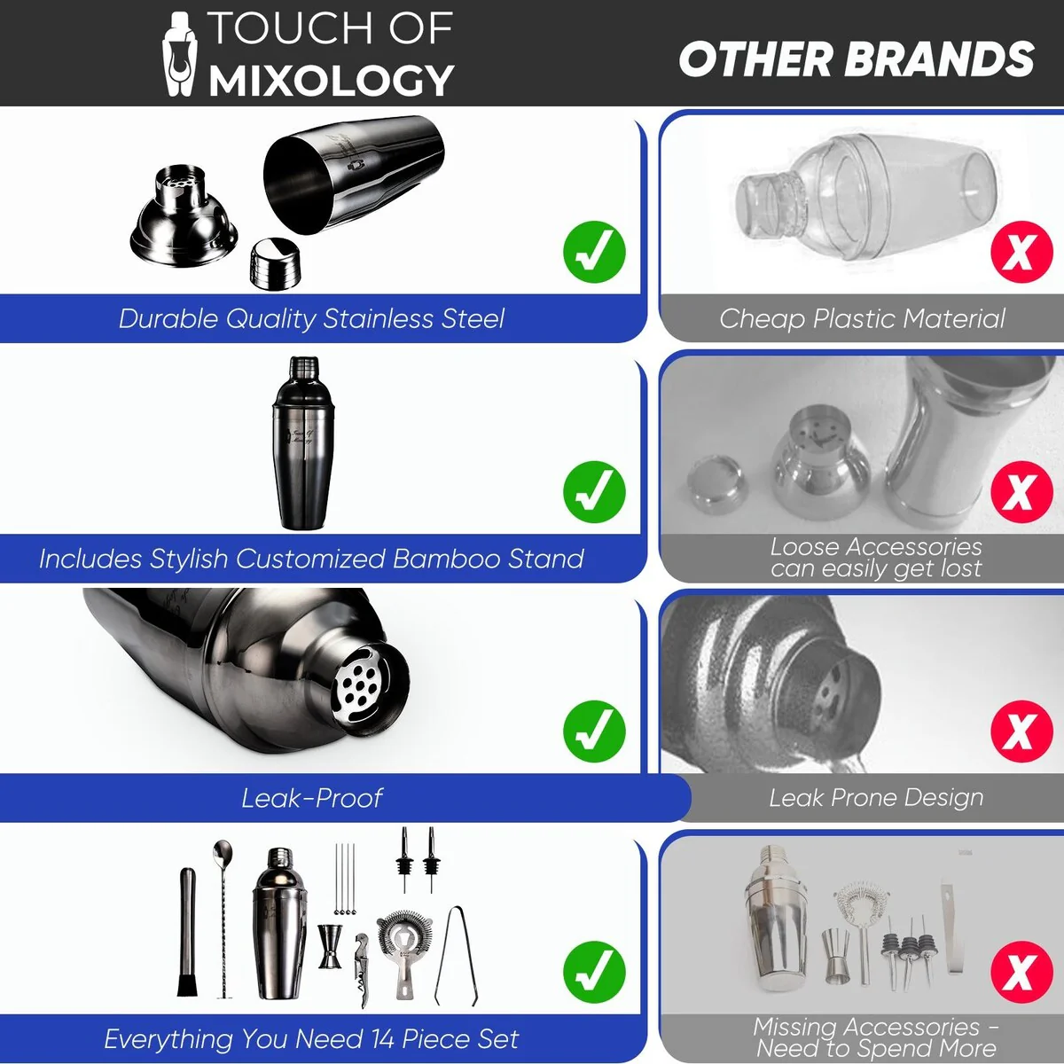 14 Piece Dark Metallic Mixology Bartender Kit with Bamboo Stand - N/A