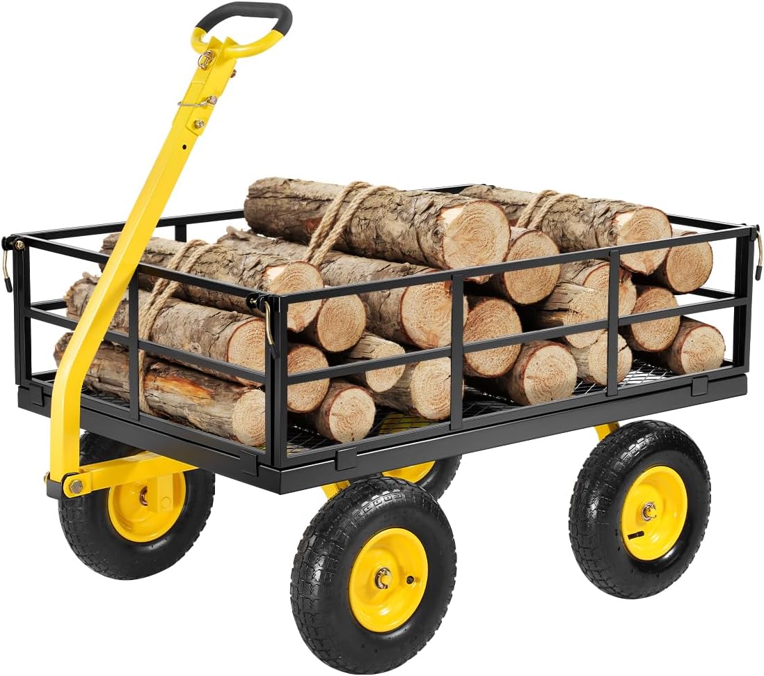 1200-pound steel garden cart, heavy-duty capable of pulling garden truck, two-in-one outdoor metal multi-functional cargo vehicle for garden, equipped with 13-inch all-terrain tires, detachable mesh side panels and 180° rotating handle