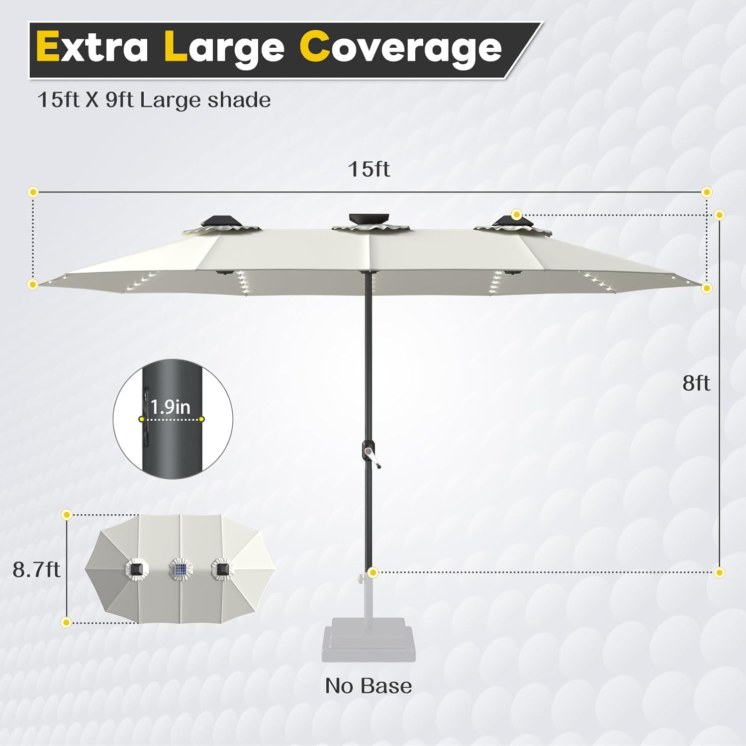 15ft Patio Umbrella with Solar Lights, Large Double Umbrella Outdoor, Rectangle 180''x106'' Umbrellas with 156 PCS LED Lights and Crank Handle for Backyard Deck Pool Shade in Black(1.9