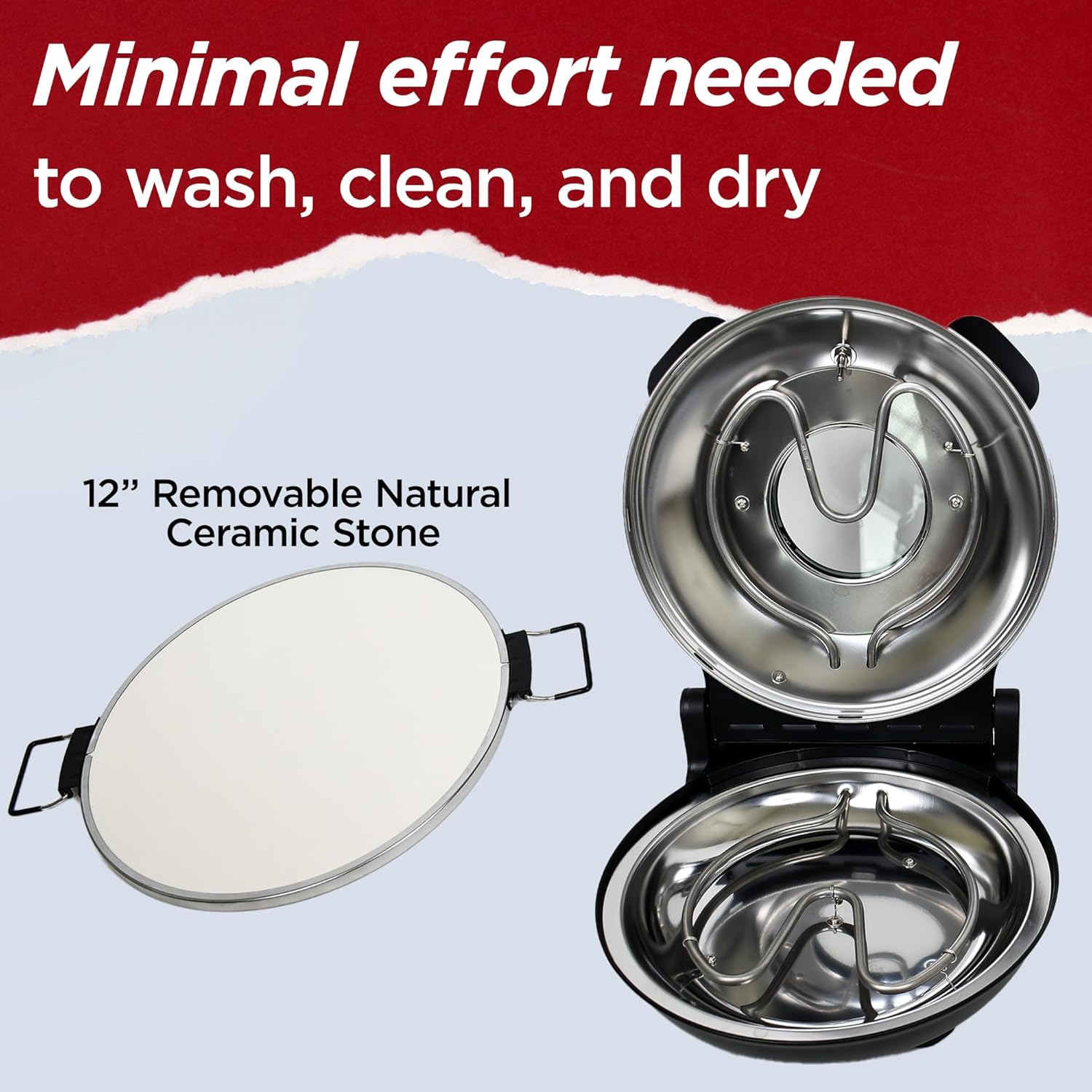 Electric Pizza Oven with Ceramic Stone, Viewing Window, Adjustable Heat Control, Timer and 1200W Baking Power, DIY Homemade Pizzeria, Large 12” Pie Capacity (Black)