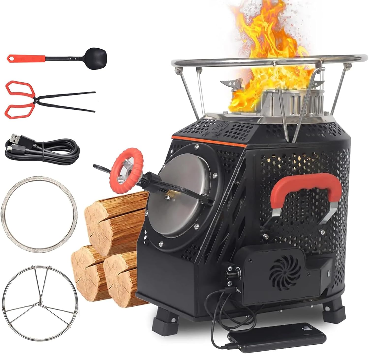 Smokeless camping stove, made of stainless steel, using wood as fuel, black in color, camping stove, heating stove