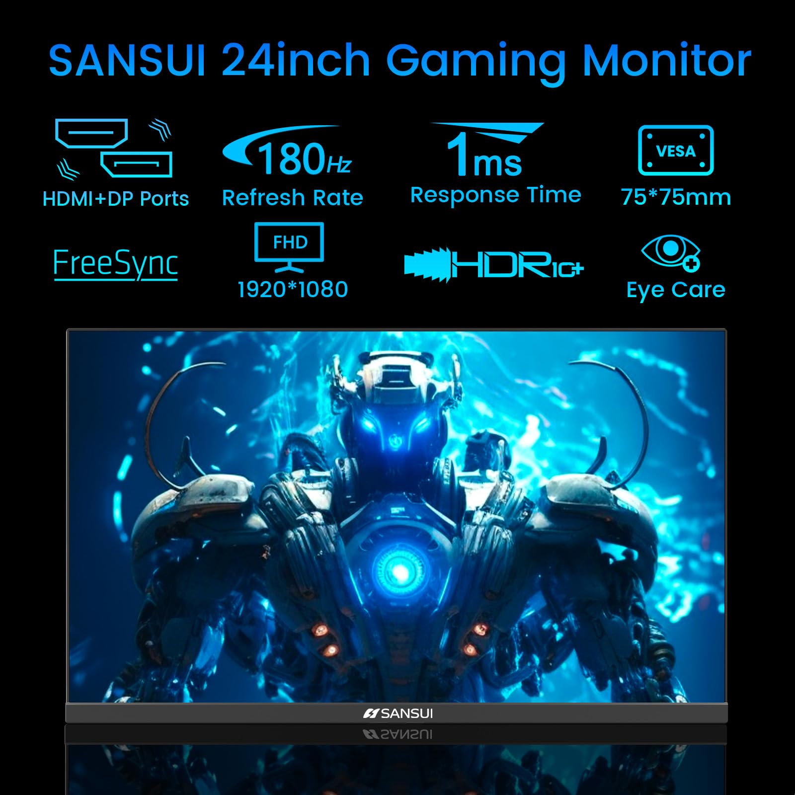 SANSUI 24 Inch Gaming Monitor 180Hz, DP 1.4 & HDMI 2.0 Ports