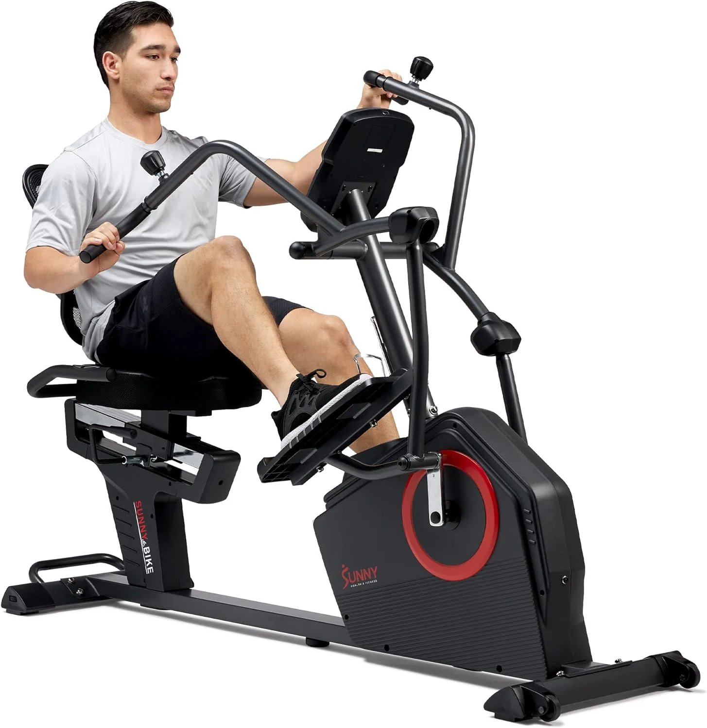 2025 Sunny Health & Fitness Electromagnetic Recumbent Cross Trainer Exercise Elliptical Bike w/Arm Exercisers, Easy Access Seat & Exclusive SunnyFit庐 App Enhanced Bluetooth Connectivity - SF-RBE4886SMART
