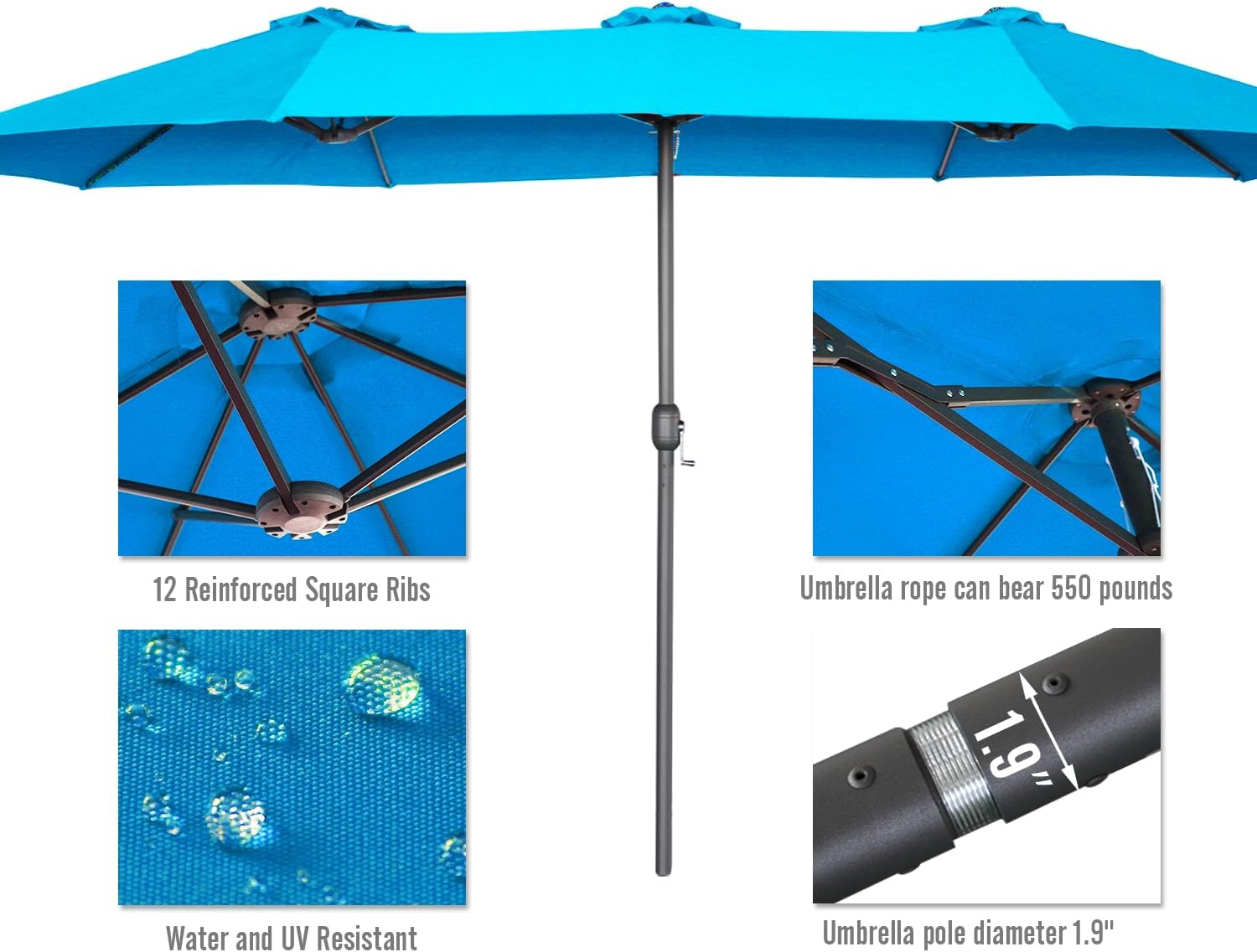 15ft Patio Umbrella with Solar Lights, Large Double Umbrella Outdoor, Rectangle 180''x106'' Umbrellas with 156 PCS LED Lights and Crank Handle for Backyard Deck Pool Shade in Black(1.9