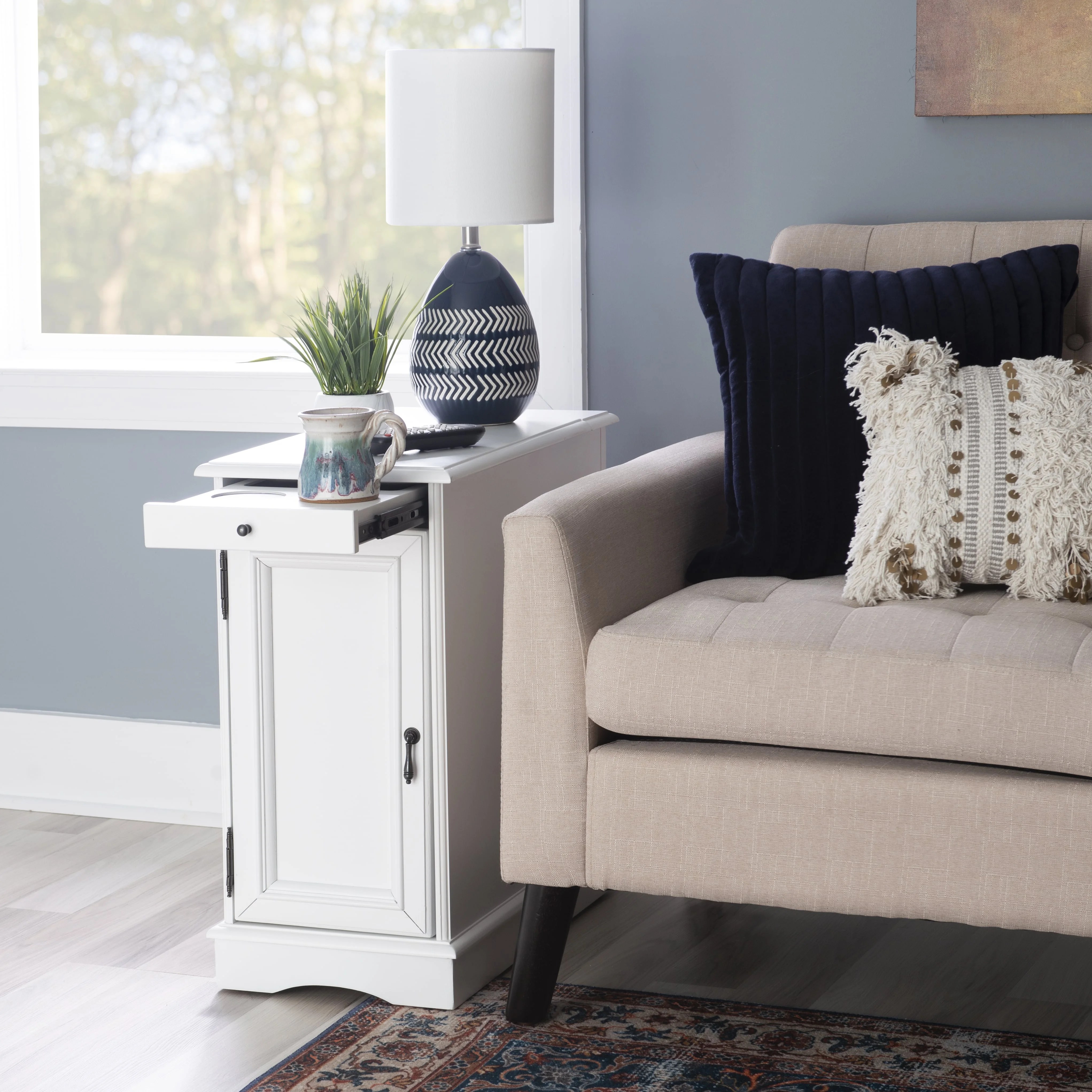 Linon Bartow Wood Multi Function Storage Accent Table Charging Station in White