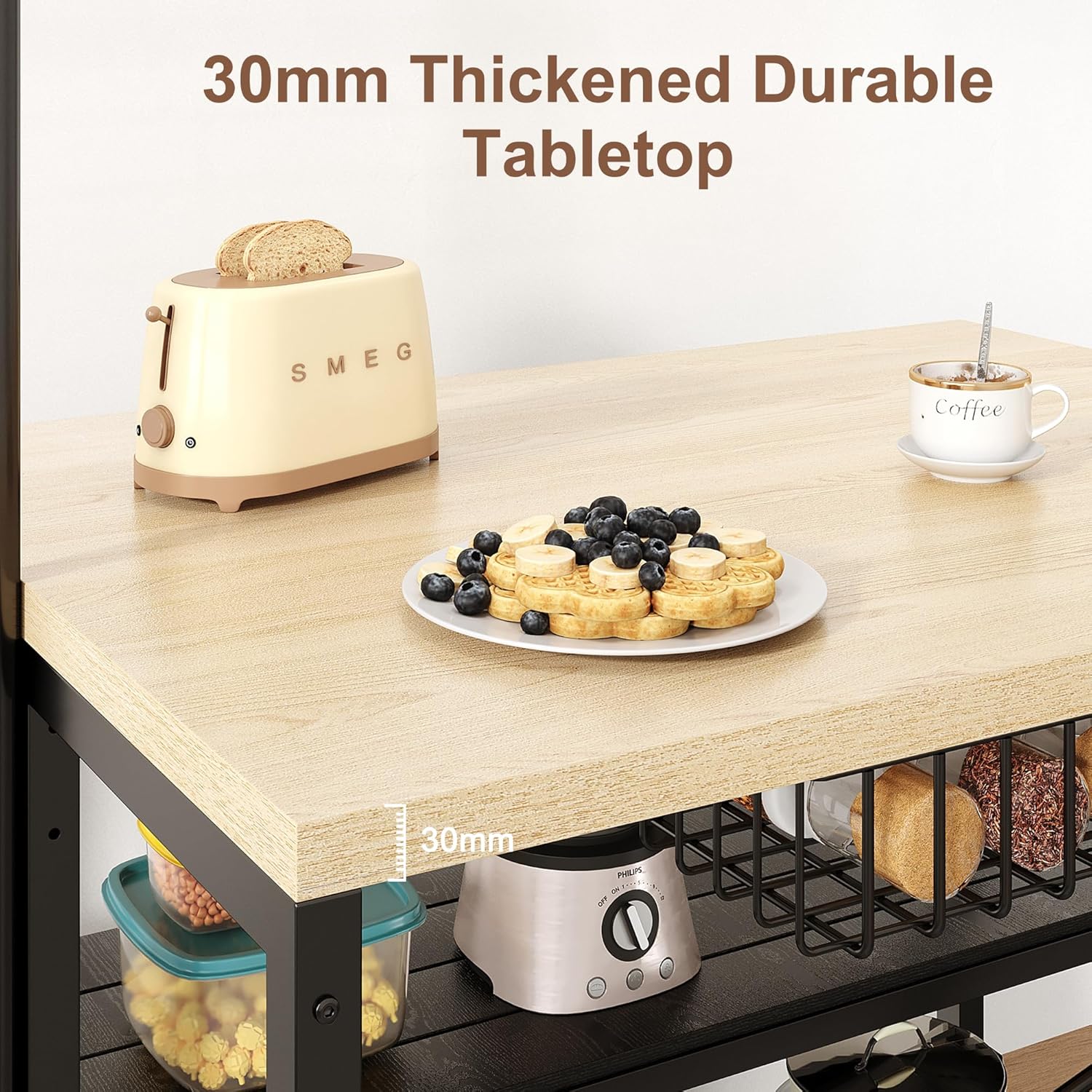 Kitchen Island, Kitchen Island with Storage, Bakers Rack, Island Table for Kitchen, Bakers Rack with Storage, Large Kitchen Island Table, Coffee Bar Table with Shelf,5 Racks,Pear Wood White