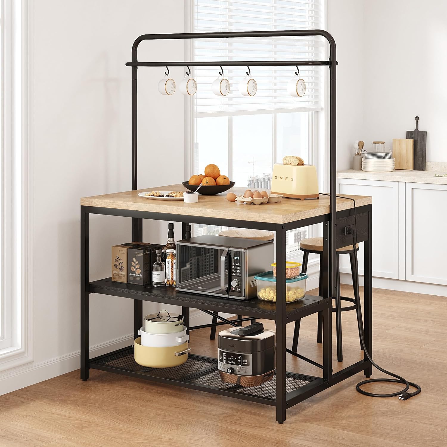 Kitchen Island, Kitchen Island with Storage, Bakers Rack, Island Table for Kitchen, Bakers Rack with Storage, Large Kitchen Island Table, Coffee Bar Table with Shelf,5 Racks,Pear Wood White