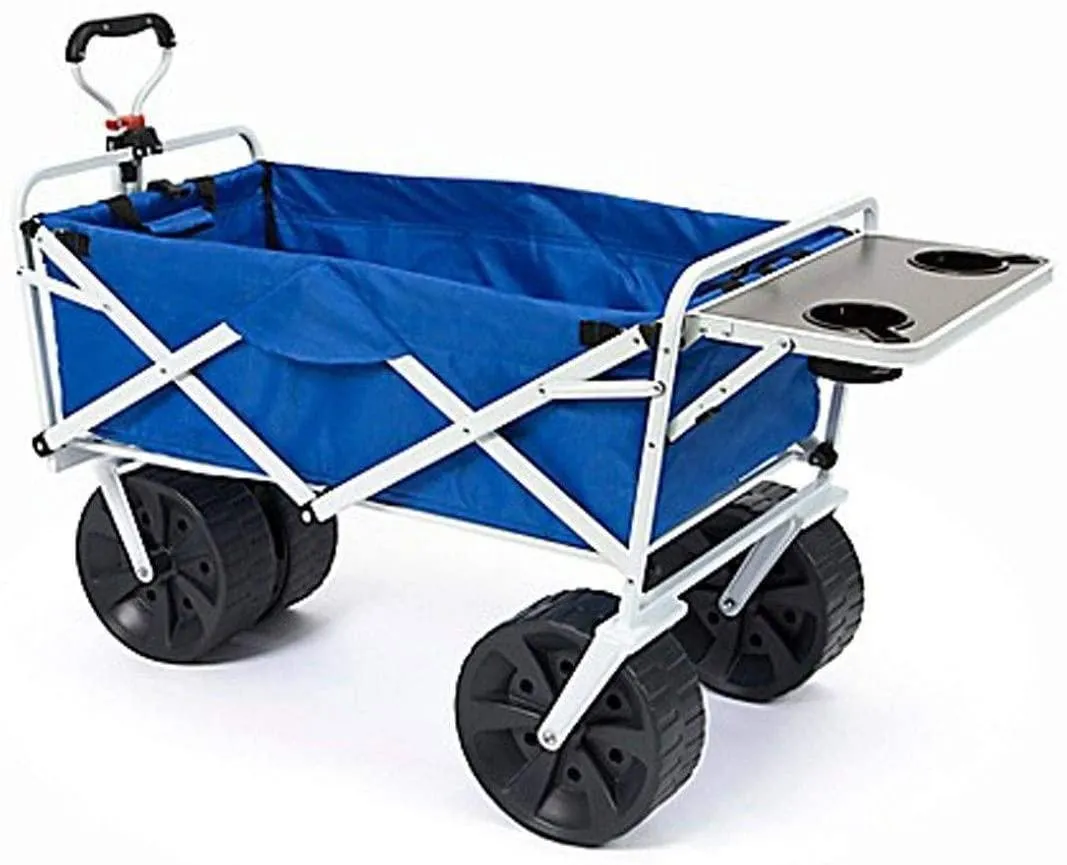 2025 All Terrain Beach Wagon with Side Table|Heavy Duty Collapsible Folding Cart with Large Wheels for Beach Day, Picnic, Camping, Outdoor Activities | Blue/White