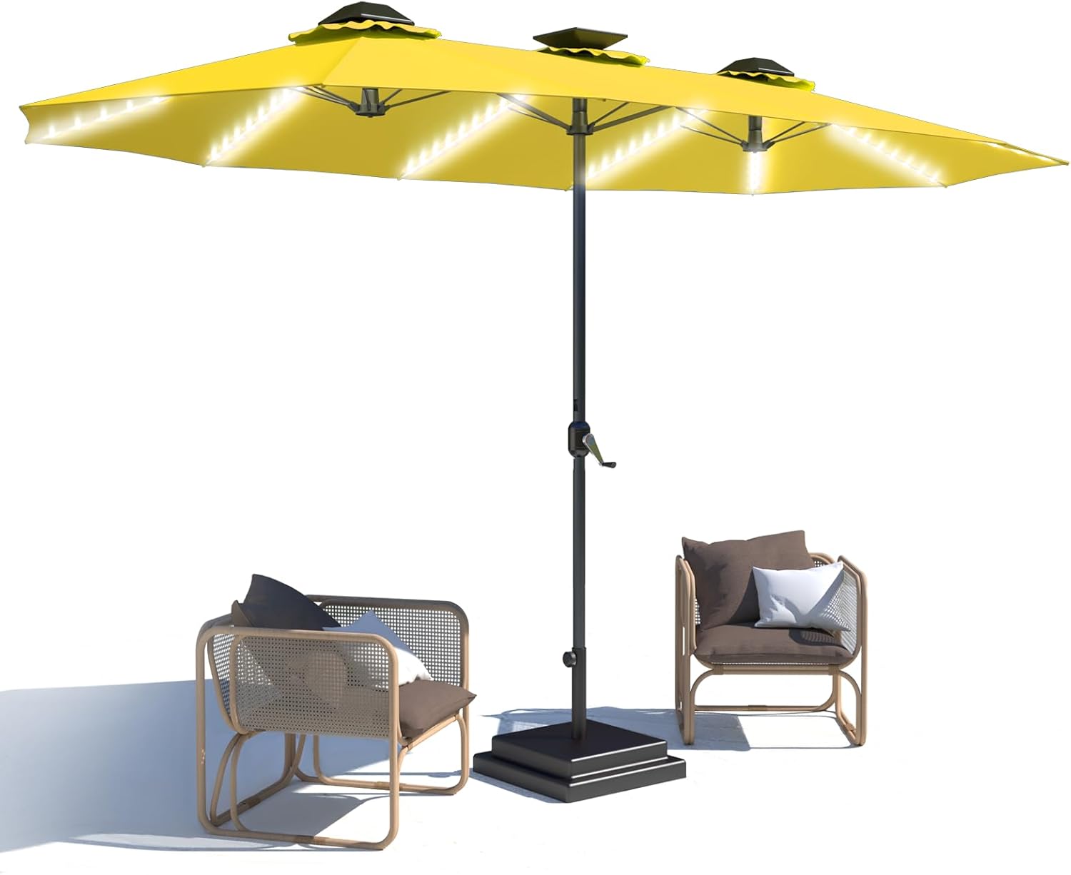15ft Patio Umbrella with Solar Lights, Large Double Umbrella Outdoor, Rectangle 180''x106'' Umbrellas with 156 PCS LED Lights and Crank Handle for Backyard Deck Pool Shade in Black(1.9