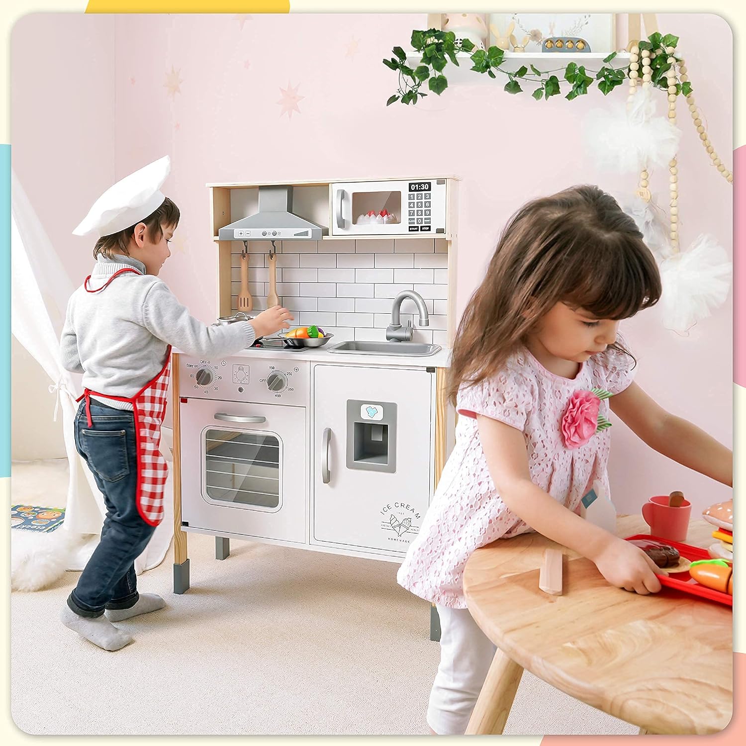 2025 Children's small land play kitchen, wooden children's play kitchen toy set