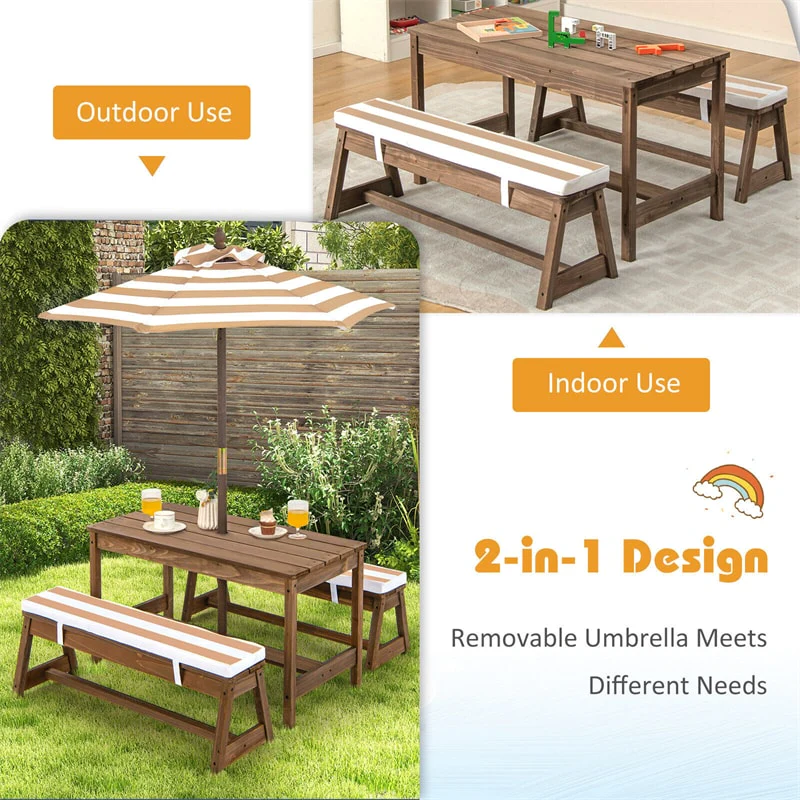 2025 Wooden Kids Picnic Table Bench Set Children Outdoor Activity Table with Cushions & Height Adjustable Umbrella