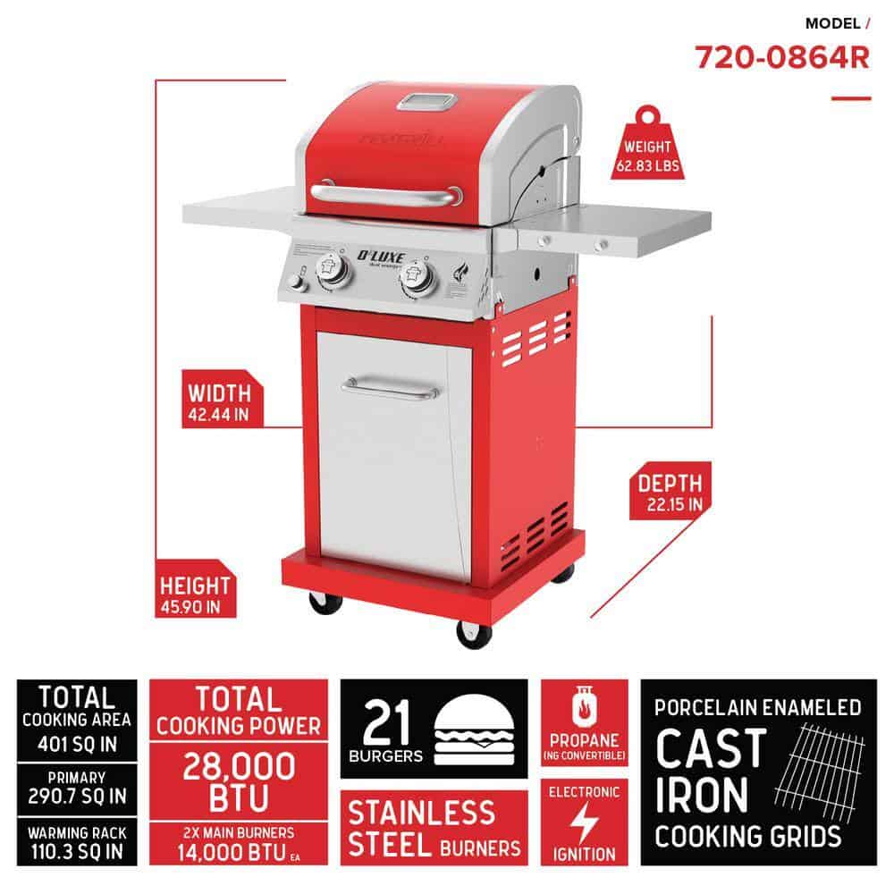 2-Burner Propane Gas Grill, Red – Stainless Steel, 28,000 BTUs, Compact Design
