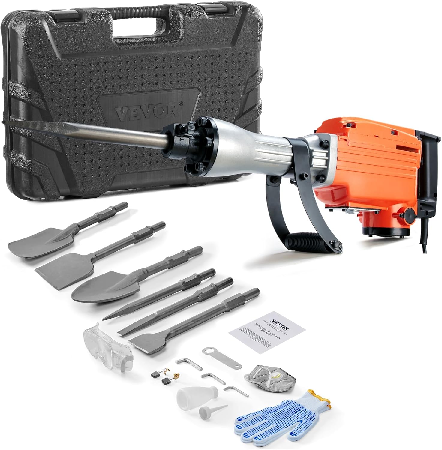 Demolition Jack Hammer, 1350 BPM Concrete Breaker 6pcs Chisels Bit Chipping with Case, 2200W Electric Jackhammer Heavy Duty, Black