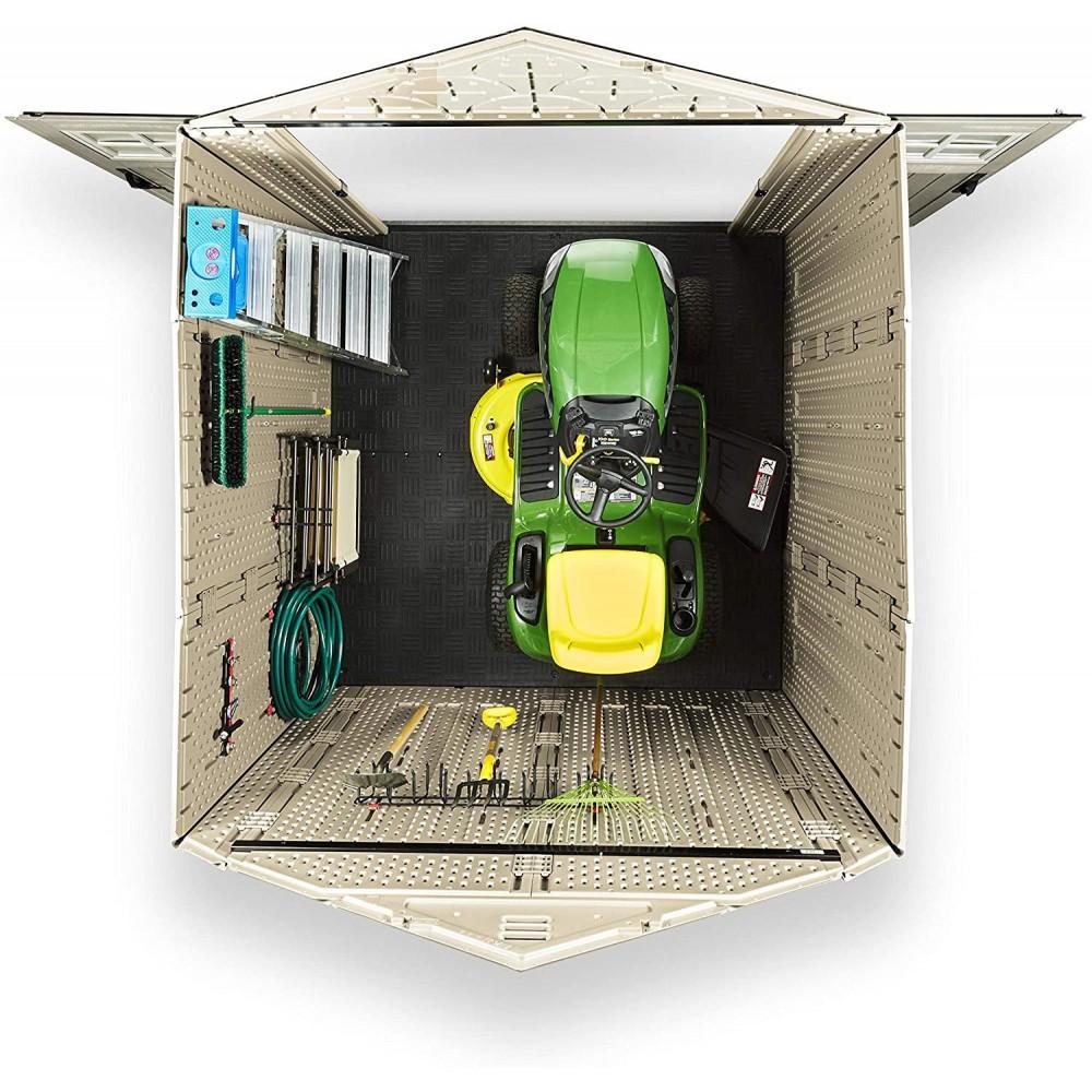 Rubbermaid 7×7 Ft Durable Weather Resistant Resin Outdoor Garden Storage Shed with Windows and Utility Hooks, Sand