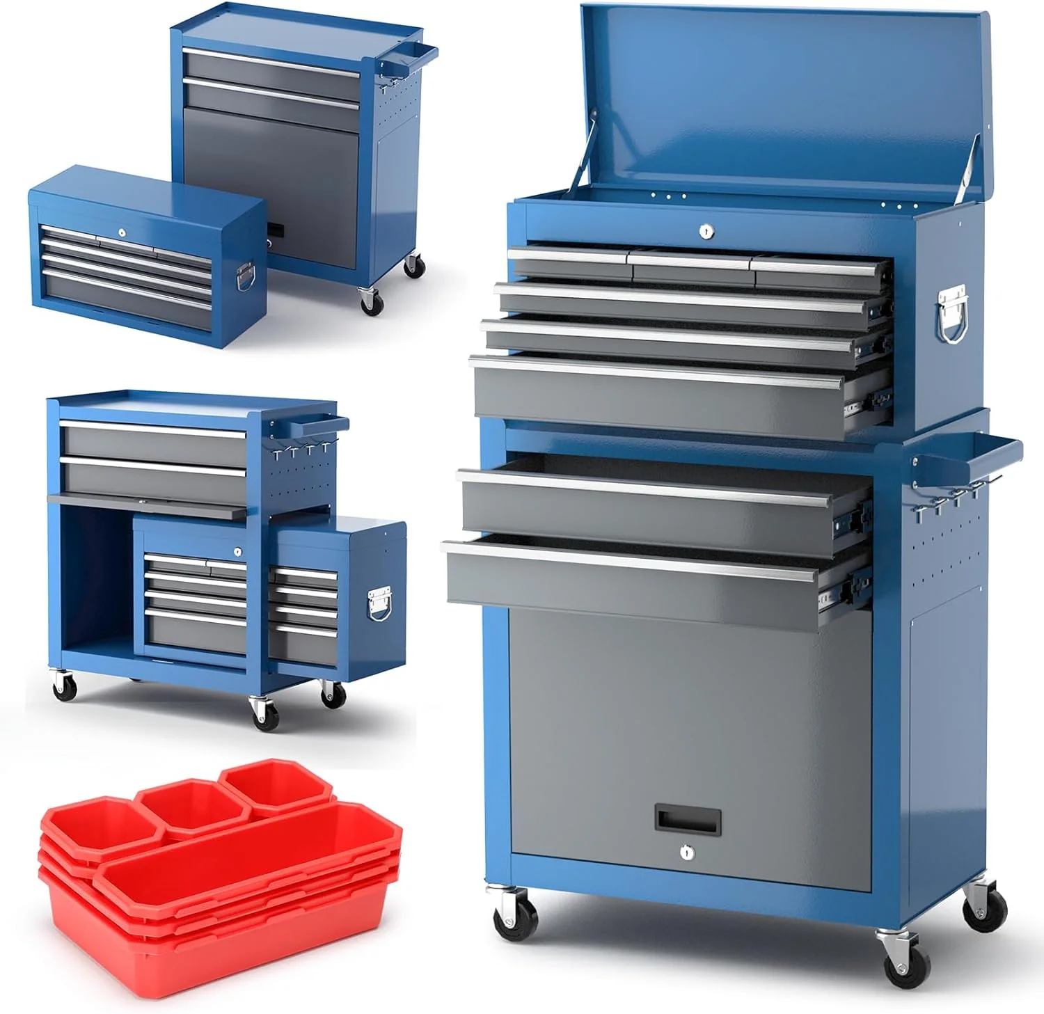 Tool Chest 8-Drawer | 42'' Large Rolling Tool Chest with Wheels | Detachable Top Metal Tool Box | Garage Storage Cabinet for Repair Room,Warehouse | Rolling Tool Box with Hooks,Liners,Tray Divider