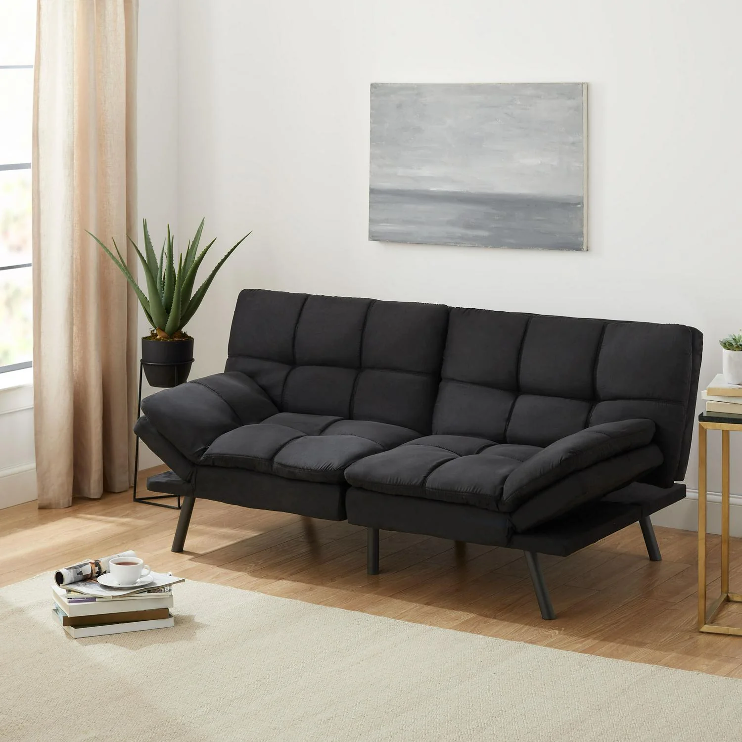 2025 Mainstays Memory Foam Futon, Black Faux Suede Fabric
